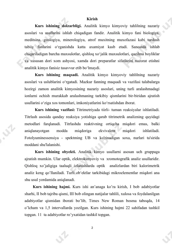 z usullaridir. qishloq xo’jaligiga taaluqli izlanishlarda optik analizlardan biri kalorimetrik analiz keng qo’llaniladi. turli ob‘ektlar tarkibidagi mikroelementlar miqdori ana shu usul yordamida aniqlanadi. kurs ishining hajmi. kurs ishi an’anaga ko’ra kirish, i bob adabiyotlar sharhi, ii bob tajriba qismi, iii bob olingan natijalar tahlili, xulosa va foydalanilgan adabiyotlar qismidan iborati bo’lib, times new roman bosma taboqda, 14 o’lcham va 1,5 intervallarda yozilgan. kurs ishining hajmi 22 sahifadan tashkil topgan. 11 ta adabiyotlar ro’yxatidan tashkil topgan. i bob. adabiyotlar sharhi 1.1. lyuminissensiya hodisasi haqida umumiy ma’lumot titrimetriyada turli- tuman reaksiyalar ishlatiladi. titrlash asosida qanday reaksiya yotishiga qarab titrimetrik analizning quyidagi metodlari farqlanadi. 1.neytralizatsiya metodlari. asosida neytralizatsiya reaksiyasi yotadi: h+ + oh- = h2o neytralizatsiya metodi bilan kislotalar, ishqorlar va shu bilan birga ba’zi tuzlarning miqdori aniqlanadi. 2. oksidlanish- qaytarilish metodlari (oksidimetriya). bu metodlar oksidlanish- qaytarilish reaksiyalariga asoslangan. oksidlovchi eritmalari yordamida qaytaruvchi moddalarning miqdori aniqlanadi va aksincha. 3. ionlarni qiyin eruvchan birikmalar …