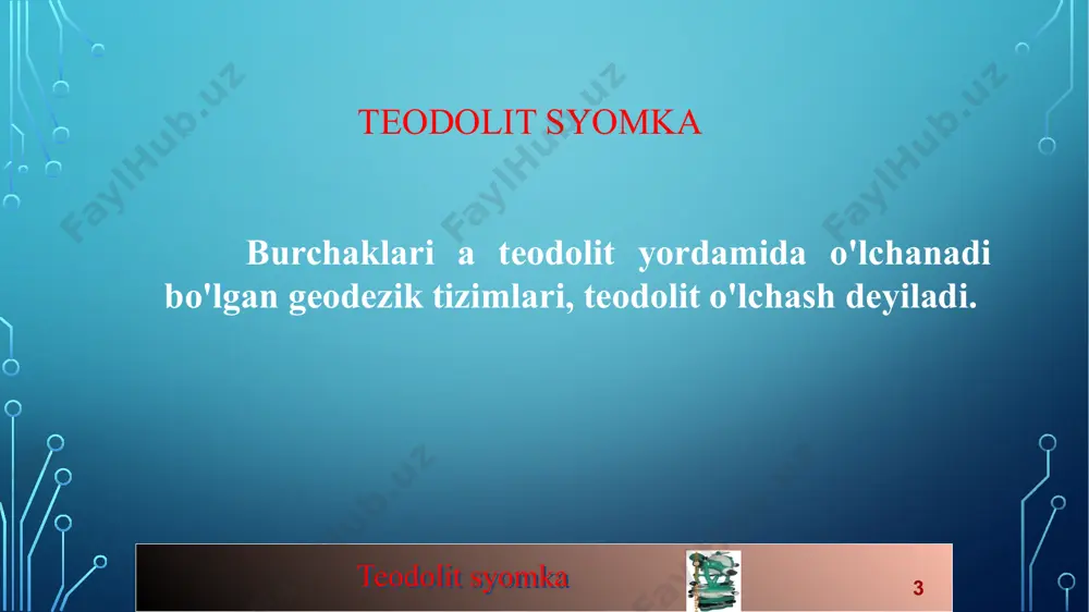 to'g'ri chiziqni uzaytirirish bunday ab sifatida berilgan liniyalari cho'zilgan ikki yo'li bor fort ko'rish usuli, va (2) orqaga sight usuli fore sight usuli. sek. ostida a b c d z a teodolit o'rnatish va darajasi u aniq .bisect nuqta b to'g'ri. teleskop orqali teleskop va aniq nishon ustida tomosha haqida b tashqarida liniyada sozlash nuqtasi c. b ishora uchun qurilmani sozlang, c chiziq tashqarisida burun c da, bir ko'z va bir to'siq nuqtasi d olish so'nggi nuqta z erishilgan qadar jarayonini takrorlang. 44 teodolit syomka to'g'ri chiziqni uzaytirirish (2) st usuli. (davomi). rasmda ko'rsatilganidek. a b c d z endi, birligi a, b, c, d va z to'g'ri shu chiziq, bo'ladi ishora, balki, sozlanishi bo'lsa u tuzatish emas, agar ko'zdan liniyasi gorizontal o'qi, c, d "va z 'perpendikulyar emas, bir to'g'ri chiziq bilan bo'lmaydi. c’ d’ 46 teodolit syomka to'g'ri chiziqni uzaytirirish a b c d z liniyasi yuqori aniqlik …