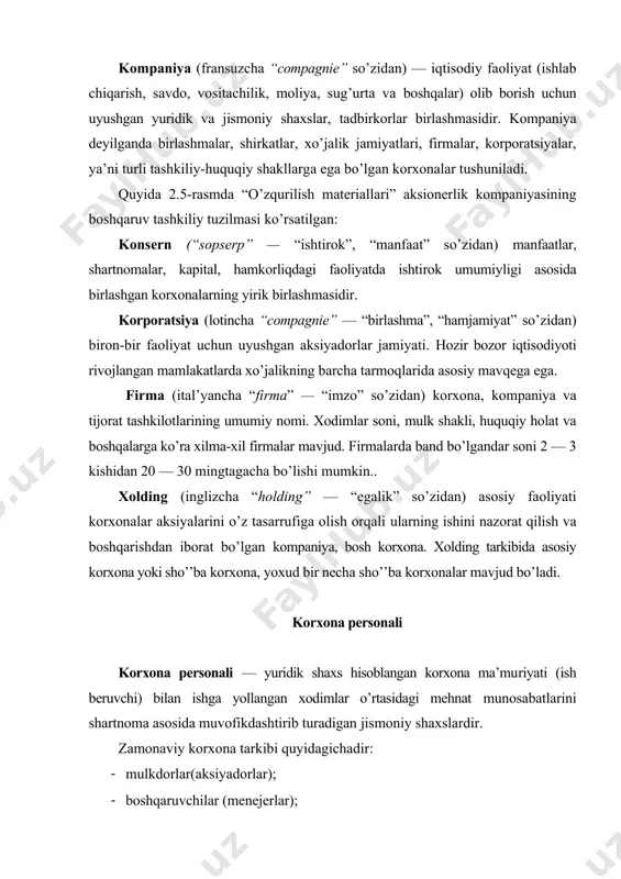 lkdorlar(aksiyadorlar); · boshqaruvchilar (menejerlar); · korxona personali (jismoniy shaxslar). mulkdorlar (aksiyadorlar) — bir kishi yoki aksiyalarning tegishli qismiga ega guruh bo’lishi mumkin. ularning asosiy maqsadi foyda (dividend) olishdan iborat. mulkdorlar korxonani o’zi mustaqil boshqarishi yoki boshqarish huquqini yollagan boshqaruvchi, (menejer)ga berishi mumkin. boshqaruvchilar (menejerlar) — ular kompaniya, uning tarkibiy bo’linmasiga rahbarlik qiladilar. boshqaruvchi (menejer)ning (maqomi unga mulkdor tomonidan berilgan maqomga bog’liqdir. menejerlar yuqori, o’rta va quyi bo’g’in rahbarlari toifalariga gbo’linadi. yuqori bo’g’in boshqaruvchisi (tor management) — bu toifa rahbarlariga kompaniya va firmalar prezidentlari, boshqa ijrochi direktorlar, ularning o’rinbosarlari, boshqaruv organlari a’zolari kiradi. o’rta bo’g’in rahbarlari — (middle management) korxona mustaqil boshqarma va bo’limlari rahbarlari hisoblanadi. quyi bo’g’in rahbarlari (loves management) — guruhlar, brigada rahbarlari, ustalardan iboratdir. korxona personali (jismoniy shaxslar) — o’z navbatida, ishchilar, muhandis-texnik xodimlar va xizmat ko’rsatuvchi xodimlarga bo’linadi. ishchilar malakali, yarim malakali, malakasiz ishchilarga bo’linadi. korxona personali texnologik jarayondagi ishtirokiga muvofiq: · asosiy (ishlab chiqarish bilan band …