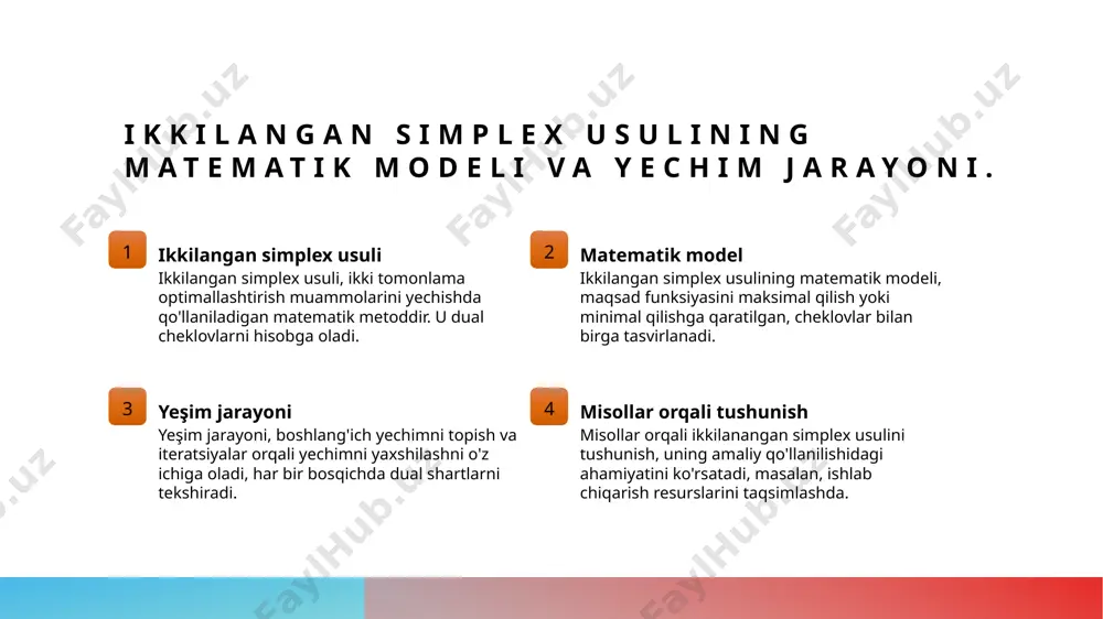 uchun muhimdir, resurslardan samarali foydalanishni ta'minlaydi. xulosa ikkilangan simplex usuli amaliyotdagi qo'llanilishi strategiyalar va natijalar ikkilangan simplex usuli, operatsion tadqiqotlar va optimallashtirishda muhim rol o'ynaydi. bu usul, samaradorlikni oshirishga qaratilgan yechimlarni taklif etadi. ushbu usulni iqtisodiy sohada keng qo'llash mumkin. real hayotdagi misollar, resurslarni optimal taqsimlash va xarajatlarni kamaytirishga yordam beradi. ikkilangan simplex usulidan foydalanish strategiyalari, muvaffaqiyatli natijalarga erishish uchun muhimdir. bu usul, samaradorlikni oshirib, raqobatbardoshlikni ta'minlaydi. foydalanilgan adabiyotlar 1. saidov a. o., & tashkentov i. m. ikkilangan simplex usuli haqida. o'zbekiston milliy universiteti, 2022 2. yusupov b. i. operatsion tadqiqotlar va optimallashtirish. o'zbekiston respublikasi fanlar akademiyasi, 2021 3. rasulov s. a. ikkilangan simplex usulining amaliy qo'llanilishi. o'zbekiston davlat jahon tillari universiteti, 2023 4. akramov s. y., & amonov r. o. matematik modellashtirish va optimallashtirish. tashkent davlat universiteti, 2020 5. qodirov u. b. operatsion tadqiqotlar va ularning iqtisodiy ahamiyati. informatika va texnologiyalar jurnali, 2022 e'tiboringiz uchun rahmat! /docprops/thumbnail.jpeg