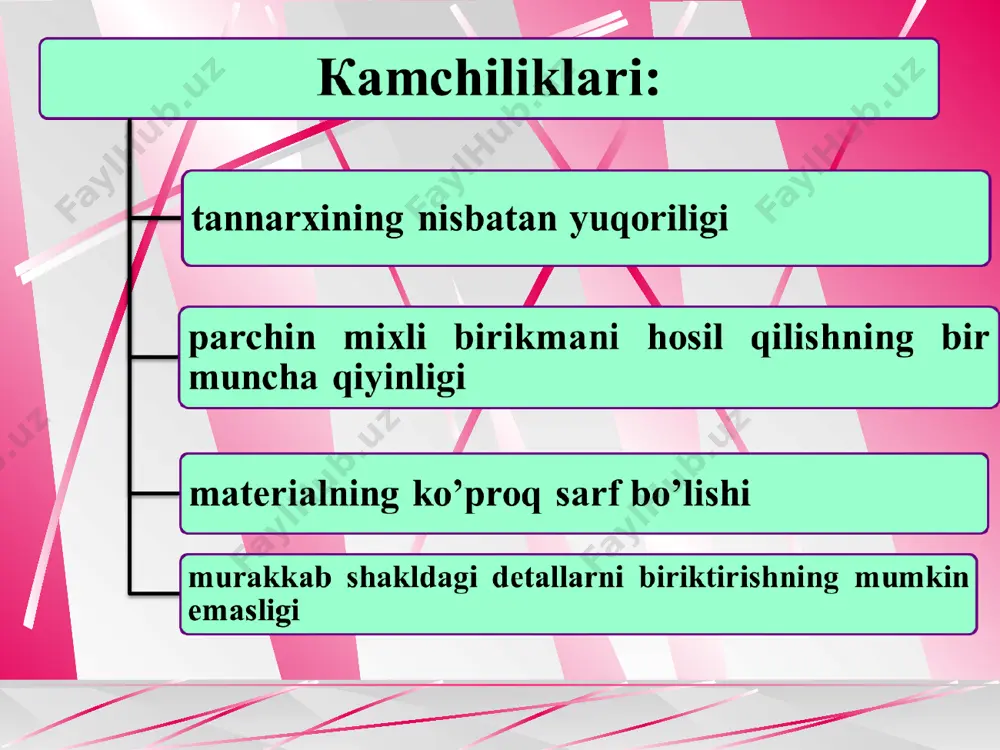 irida agar presslangan birikmaga qo’yilishi mumkin bo’lgan eguvchi momentning qiymatini aniqlash talab etilsa, quyidagi munosabatdan foydalaniladi (7-rasm): 7-rasm. tig’izlik hisobiga hosil qilingan birikmaning eguvchi moment bilan yuklanishi yelimli va kavsharli birikmalar yelimlash va kavsharlash orqali biriktirish payvandlashdan ancha oldin qo’llanilgan. kavsharlash bundan 3…5 ming yil oldin qo’llanilgani ma’lum. konstruksiyasi bo’yicha kavsharli va yelimli birikmalar payvand birikmalargi o’xshash bo’ladi (8-rasm). yelimlash va kavsharlashning payvandlashdan farqli tomoni ular nafaqat bir jinsli detallarni balki turli jinslilarinin ham biriktirish imkonini beradi, masalan: po’lat alumin bilan; metallar shisha, grafit, farfor bilan; plastmassalar, yog’och, rezina va x.k. 8-rasm. kavsharli va yelimli birikmalar yelimlash va kavsharlashda biriktirilayotgan detallar chetlari eritilmaydi, bu esa ularning o’lchami va rasmini aniq saqlanish imkonini beradi. yelimlash va kavsharlashning mashinasozlikda qo’llanilishi oshib bormoqda, chunki yangi konstruksion materiallarni (masalan, plastmassa) va yuqori mustahkamlikka ega legirlangan po’latlar joriy etilishi. kavsharlashlash avtomobillar va traktorlar radiatorlari, suyuqlikli reaktiv dvigatellar yonish kameralari, turbinalar parragi, yoqilg’i va moy quvurlarida …