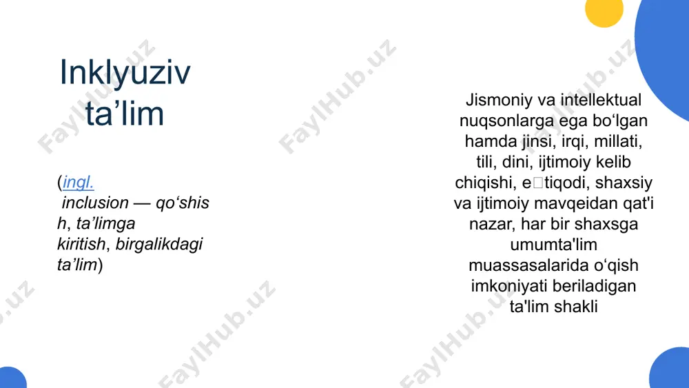 a vositalarini qo‘llash sohasida xabardorlik darajasini oshirish, ularni psixologik-pedagogik jihatdan qo‘llab-quvvatlash. 4-vazifa inklyuziv ta‘limning vazifalari reja inklyuziv ta’limga jalb etiluvchi bolalar toifalari 03 inklyuziv ta’limni joriy etish masalalari qabul qilinuvchi bolalar o‘zres vm 12.10.2021 638-son qarori 4-bob, 17-bandi asosida qabul qilinmaydigan bolalar o‘zres vm 12.10.2021 638-son qarori 4-bob, 19-bandi asosida inklyuziv ta’limni joriy etish masalalari qabul qilinmaydi: xulq-atvorida og‘ir buzilishlar, hissiy-irodaviy sohasida (organik) nuqsonlari bo‘lgan bolalar; tayanch-harakat apparatida nuqsoni bo‘lgan, mustaqil ravishda harakatlana olmaydigan va o‘z-o‘ziga xizmat ko‘rsata olmaydigan bolalar; ko‘r-kar-soqov bolalar; tez-tez takrorlanadigan epileptik tutqanoqdan aziyat; markaziy asab tizimiga shikast yetganligi tufayli siydik va najasini ushlab turolmaydigan bolalar. inklyuziv ta’limni joriy etish masalalari qabul qilinuvchi bolalar: eshitishda nuqsoni bo‘lgan bolalar; ko‘rishda nuqsoni bo‘lgan bolalar; somatik kasalliklar; nutqida og‘ir nuqsonlar bo‘lgan bolalar; aqliy rivojlanishi saqlangan holda tayanch-xarakat tizimidagi buzilishi bo‘lgan bolalar; aqliy rivojlanishi saqlangan yoki ruhiy rivojlanishda orqada qolgan bolalar; intellektual rivojlanishning potensial buzilmagan imkoniyatlari bilan ruhiy rivojlanishda orqada qolgan …