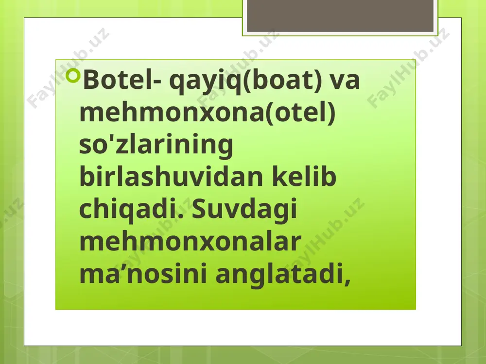 tellar asosan "suv sayyohlariga" xizmat ko'rsatishga mo'ljallangan. ko'pgina qayiqlar to'xtash joylari, rıhtımlar, ishga tushirish moslamalari, shuningdek, qayiqlar uchun jihozlar, ularni ta'mirlash va yonilg'i quyish bilan ta'minlangan. shuni ta'kidlash kerakki, suv transportiga texnik xizmat ko'rsatish uchun inshootlar va uskunalar suv sayyohlari uchun mo'ljallangan mehmonxona majmualarining ajralmas qismi hisoblanadi. yozda markaziy tayanch (qayiqning qishki to'xtash joyi) o'tish punkti bo'lib xizmat qiladi. qishda qayiqlar 400-500 turistni turar joy bilan ta'minlashi mumkin. qo'shimchalari bo'lgan kutish xonasi chang'i turar joyiga aylanadi va kuniga 500 ga yaqin chang'ichiga bir kecha-kunduz xizmat ko'rsatishi mumkin emas. gollandiyalik eng yirik qayiq uyi - gidropolis mavjud. umuman olganda, uning ko'rinishi portning yarim yopiq makonini tashkil etuvchi, to'g'ri burchakli yoriqlar shaklida joylashgan terasli inshootlardan iborat. ushbu dizayn har bir turar-joy kamerasi yonida yashil teras qurishga imkon beradi. kompleks tarkibiga do'konlar, teatrlar, kinoteatrlar, kafelar, obodonlashtirilgan teras, sport zallari va o'yin maydonchalari, suzish havzalari, port, muzey, maktablar, vertolyot stantsiyasi, ichki va tashqi bulvarlar …