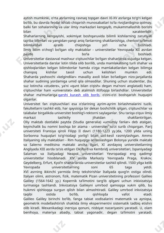 ofan va georgiy amartollarning asarlari slavyan tiliga tarjima qilingan bo‘lib, bu asarlar ko‘pgina yilnomachilarning asarlarida ham tilga olinadi. vizantiyada dunyoviy adabiyot: qissalar, dostonlar, hajviy asarlar ham mavjud bo‘lib, adabiyot fanning turli sohalarini rivojlantirishga katta xissa qo‘shgan. adabiy yodgorliklardan biri o‘z davrining muxim bir soxasi agiografik2 -asarlar bo‘lib, o‘rta asrlar vizantiyasining turush-turmushi xaqida fanga aniq ma’lumotlar beradi. bular o‘z-o‘zidan keyingi davr fan va texnikasi taraqqiyotiga poydevor bo‘lib xizmat qildi. o‘rta asrlarda sharq dunyosida fan va texnika. o‘rta asrlarda arab madaniyati deb atalgan sharq halqlari madaniyatining jaxon sivilizatsiyasiga qo‘shgan xissasi beqiyosdir. sharq halqlari olimlari aristotel (er.avv. 384-322 yy.), gippokrat (er.avv. 460-375 yy.), ptolimey, yevklid (er.avv. iii asr), epikur (er.avv. 341-270 yy.) asarlarini yaxshi bilar edilar. arab matematikasi, astronomiyasi, meditsina va boshqa fanlari g‘arbiy yevropa ilm-fani taraqqiyoti jarayoniga muhim ta’sir qildi. arab sharqi matematika fani sohasida geometriya, trigonometriya fanlarini rivojlantirdi. butun g‘arbiy yevropa tibbiyoti uchun o‘rta asrlar davomida arab sharqi tibbiy bilimlari dasturilamal …