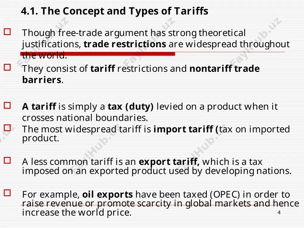 tariff rate will differ from the nominal tariff rate. the effective tariff rate is an indicator of the actual level of protection that a nominal tariff rate provides the domestic import-competing producers. it signifies the total increase in domestic productive activities (value added) that an existing tariff structure makes possible, compared with what would occur under free-trade conditions. the effective rate tells us how much more expensive domestic production can be relative to foreign production and still compete in the market. * 4.2. the effective rate of protection and tariff escalation. foreign tv set import domestic competing tv set component parts $800 $ 800 assembly activity (value added) $ 200 $ 300 nominal tariff $ 100 import price $1100 domestic price $1100 the result is that domestic assembly costs could rise to a level of 50% : ($300 - $200):$200x100% = 50%. in general, the effective tariff rate is given …