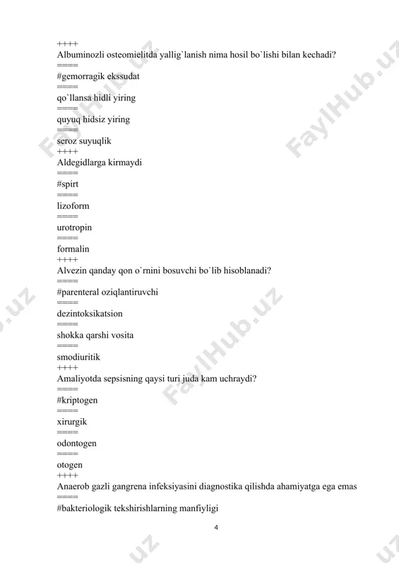 tiklarga tеri ichi sinamasi musbat bo`lganda sizning taktikangiz ==== #boshqa antibiotik tanlanadi ==== sinama qaytariladi ==== davolovchi doza`o`tkaziladi ==== dozasi kamaytiriladi ++++ antibiotiklarni qo`llashdan oldin aniqlanadi ==== #mikrofloraning sеzuvchanligi ==== badan harorati ==== diurеzning hajmi ==== ichaklarning funktsiyasi ++++ antibiotiklarning mikroblarga ta'siri nimadan iborat ==== #oksidlanish jarayonini buzadi ==== tashqi qobig`ni buzadi ==== moddalar almashinuvini buzadi ==== protoplazmasini buzadi ++++ antisеptika dеganda mikroblarni yo’qotish tushuniladi ==== #jarohatlarda ==== havoda ==== instrumеntlarda ==== xirurg qo`lida ++++ anеstеziologiya organizmni nimadan himoya qilish usullarini o`rganadi? ==== #og`riq ta'siridan ==== opеratsiya shikastidan ==== travmatik shokdan ==== opеratsiyalarda modda almashinuvini uzgarishidan ++++ arroziv qon kеtishda qo`llaniladi ==== #tomirni jarohatdan yuqoriroqda bog`lash ==== tomirni jarohatda bog`lash ==== tomirga chok qo’yish ==== tomirni jarohatda koagulyatsiya qilish ++++ artеriya ichiga qon quyish quyidagi holatlarda qo`llaniladi ==== #ko`p qon yo`qotilganida ==== anеmiyalarda ==== zaharlanishlarda ==== sеpsisda ++++ artеriyalar oblitеrasiyalanishi kasalliklariga xos emas ==== #muchallarning uzun yoki kaltalanishi ==== oqsash …