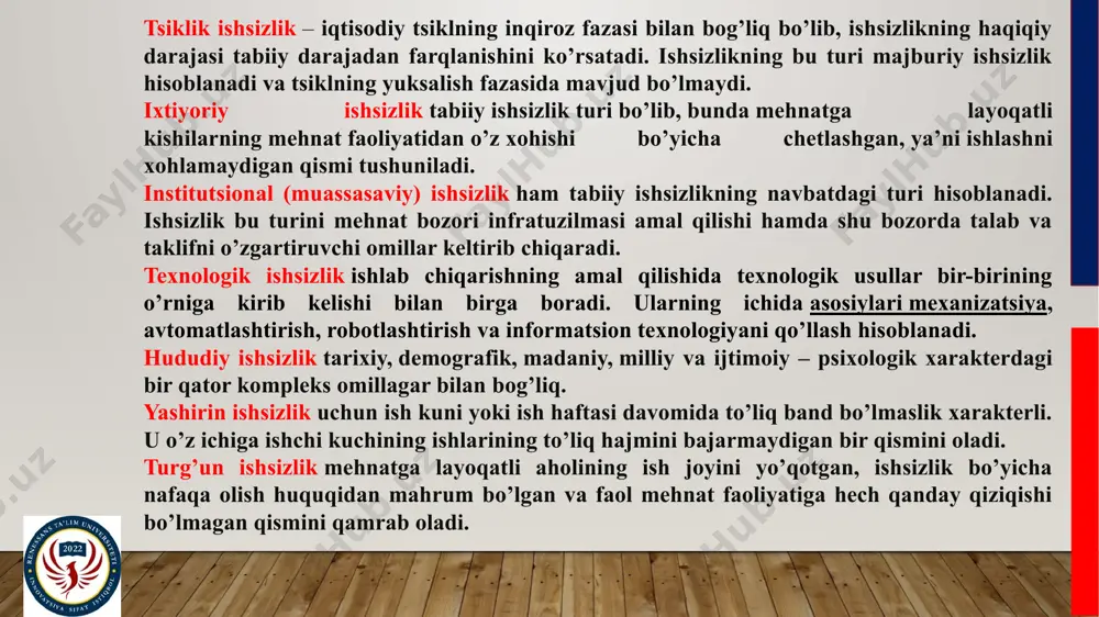 agi to’lov qobiliyatli talab (tovarlar va xizmatlarga talabning yo’qligi mehnatga bo’lgan t-alabni pasaytiradi, chunki mehnatga talab hosilaviy xususiyatga ega, buning oqibatida esa, ishsizlik yuzaga keladi). friktsion ishsizlikning yuzaga kelishining qator sabablarini ajratish mumkin: aholini geografik ko’chishi: inson bir yerdan boshqa yangi joyga ko’chadi va ko’chish vaqtida va ko’chishdan oldin hamda ko’chgandan keyinishsiz bo’lishi mumkin; kasbiy manfaatlarni o’zgartirish, qayta o’qish, qayta malakaga ega bo’lish; inson shaxsiy hayotida yangi bosqichlarni kelishi: o’qish, farzand tug’ilishi va shu kabilar. tuzilmaviy ishsizlikning yuzaga kelish sabablari bir kasbdagi xodimlarga talabni qisqartiruvchi va boshqa kasbdagi xodimlarga talabni orttiruvchi texnik taraqqiyot natijasida yuzaga keladi. boshqacha aytganda, tuzilmaviy ishsizlik turli kasbdagi mehnat bozorlarida ishchi kuchiga talab hamda taklif tarkibining farq qilishi tufayli ishga joylashish imkoniyati yo’qolishi tufayli tug’iladi. korxonalardagi yashirin ishsizlik sabablarini ikki guruhga ajratish mumkin: yashirin ishsizlikni saqlashning birinchi guruh sabablari quyidagilarni qamrab oladi: firma rahbarlari hatto ishlab chiqarishda pasayish bo’lgan sharoitda ham kelajak uchun xodimlarning qisman bandligini, …