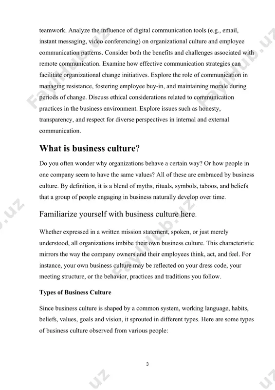 re business culture becomes embedded in the heart and minds of employees when executives publish and articulate the values that provide the pattern on how the employees should behave. firms with strong culture can achieve higher results since employees can focus on their tasks when they’re happy and contented. for example, meetings are always held every friday at 10am, business suits are the dress code for men and women, and once a month, lunch is bought by the boss. if you’re not delighted with your current business culture, you can start to change it now. look for a tool, ritual, story, or symbol that would bring out the best practices and values for your company. always remember that continuous growth is a very important part of corporate culture. it requires both the conscious and sub-conscious improvement thinking from everyone. achieving an effective and nurturing business culture is not that easy, …