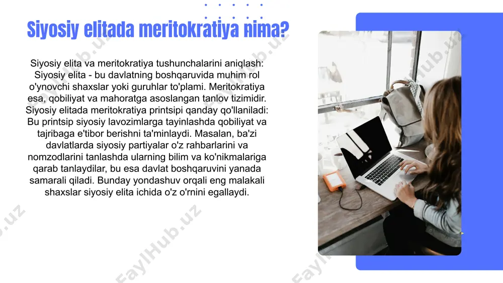 jamoaga mos kelishini ta'minlashga yordam beradi. psixologik testlar va intervyular orqali, nomzodlarning psixologik holati va ishga bo'lgan qiziqishini yaxshiroq tushunish mumkin. kadrlar tanlovi jarayonida meritokratiya meritokratiya tushunchasi meritokratiya - bu kadrlar tanlovi jarayonida lavozimlarga eng munosib nomzodlarni tanlash tamoyilidir. bu tamoyil asosida kadrlar tanlovi, bilim, ko'nikma va tajribalarga asoslangan holda amalga oshiriladi. kadrlar tanlovining asosiy bosqichlari kadrlar tanlovi jarayoni quyidagi bosqichlardan iborat: 1) nomzodlarni tanlash; 2) intervyu o'tkazish; 3) baholash va reyting; 4) eng munosib nomzodni tanlash. har bir bosqichda meritokratiya tamoyilini qo'llash muhimdir. meritokratiya amaliyoti va statistikalar o'zbekistonda kadrlar tanlovi jarayonida meritokratiya amaliyoti 60% samaradorlikka erishmoqda. 2022 yilda 1000 dan ortiq nomzodlar ichidan 300 nafari meritokratik usul bilan tanlangan. xulosa kadrlar tanlovi jarayonida meritokratiya tamoyili kadrlar sifatini oshirish va davlat xizmatini rivojlantirishda muhim rol o'ynaydi. bu jarayonning shaffofligi va adolatliligi jamiyat ishonchini yanada oshiradi. xorij tajribasi: kadrlar tayinlash xorijda kadrlar tayinlash jarayoni an'anaviy va zamonaviy usullardan tashkil topgan. ko'plab …