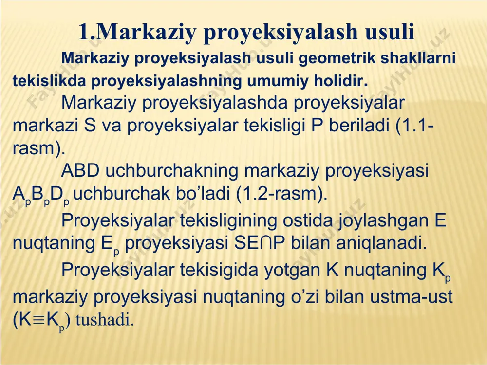 ma’lumot bera olmaydi. buning uchun qo’shimcha shartlar berilishi lozim. silindrik sirt proyeksiyalar tekisligi r bilan kesishib, mp egri chiziqni hosil qiladi. 1.6-rasm . 1.7-rasm. parallel proyeksiyalash ikki xil bo’ladi: qiyshiq burchakli parallel proyeksiyalash. bunda s proyeksiyalash yo’nalishi p proyeksiyalar tekisligi bilan o’tkir burchak tashkil qiladi. to’g’ri burchakli parallel proyeksiyalash. bunda proyeksiyalash yo’nalishi s proyeksiyalar tekisligi p ga perpendikulyar bo’ladi. parallel proyeksiyalashning xossalari geometrik shakllarni parallel proyeksiyalashning quyidagi xossalari mavjud. 1-xossa. nuqtaning parallel proyeksiyasi nuqta bo’ladi. 2-xossa.proyeksiyalovchi nurda yotuvchi barcha nuqtalarning proyeksiyalari bitta nuqtada bo’ladi. 3-xossa. proyeksiyalash yo’nalishiga parallel bo’lmagan to’g’ri chiziqning proyeksiyasi to’g’ri chiziq bo’ladi 1.8-rasm. cd to’g’ri chiziq kesmasi proyeksiya yo’nalishi s ga parallel. uning p dagi proyeksiyasi spdp nuqta bo’ladi. 4-xossa. ab to’’ri chizig’ kesmasiga tegishli e nuqtaning parallel proyeksiyasi ep shu to’g’ri chiziq kesmasi apbp ning ustida bo’ladi (1.8-rasm). 1.8-rasm. 5-xossa. agar nuqta to’g’ri chiziq kesmasini biror nisbatda bo’lsa, bu nuqtaning proyeksiyasi ham kesma proyeksiyasini shunday nisbatda …