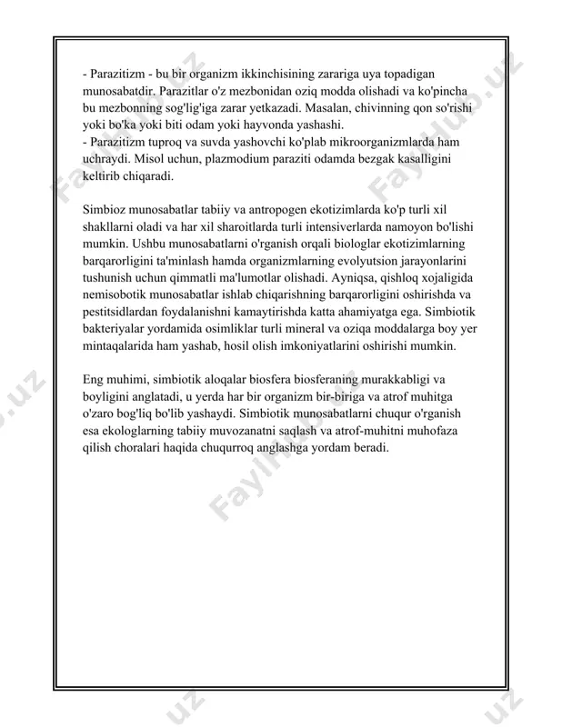 ayvonchilikda va sogliqni saqlash sohasida parazitlar katta miqdorda iqtisodiy zarar keltiradi. parazitlar sabab bo'lgan kasalliklar, masalan, malyariya, har yili millionlab insonlarning hayotiga zomin bo'ladi. 6. tibbiyot va soglik saqlash: parazitar kasalliklar butun dunyoda keng tarqalgan. masalan, malyariya har yili taxminan 200 million kishi tomonidan yuqadi va o'lim soni 400,000 dan oshishi mumkin. shuningdek, ushqurish (ascariasis) kasalligi ham juda tarqalgan bolib, dunyodagi bolalarning tahminan uchdan bir qismi undan aziyat chekadi. 7. parazitlarni nazorat qilish: parazitlarni boshqarish uchun turli xil usullar qollaniladi, masalan: - dori vositalari: anti-parazitar dorilar, masalan, antihelmintiklar va antimalariallar. - profilaktika va gigiyena: yuqishning oldini olish uchun sanitariya va gigiyenik choralar qabul qilinadi. - vaksinalar: ba'zi parazitlar uchun yangi vaksinalar rivojlantirilmoqda. 8. parazitlarning evolutsion ahmiyati: parazitizm evolyutsion jarayonlarga ham ta'sir qiladi. parazit va xost o'rtasidagi qo'shma evolyutsiya jarayoni doimiy adaptiv o'zgarishlarga sabab boladi. bu parazit va xostning genetik xilma-xilligini oshiradi va uzoq muddatda turlarning moslashuvchanligini yaxshilaydi. 9. parazitlarning rolini …