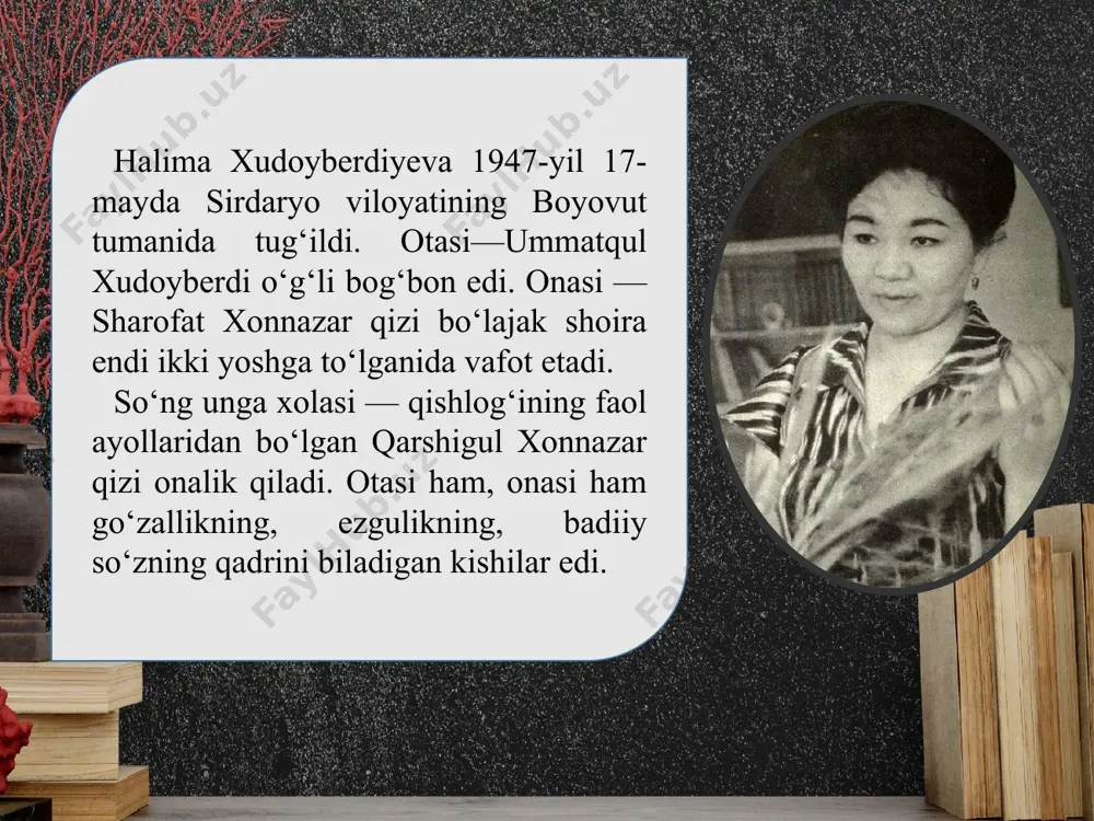 alima ijodga ko‘ngil ermagi emas, hayot-mamot masalasi deb qarardi. u bir she’rida: “shunchaki yozmoqlik shoirga o‘lim”, — deb yozadi. shoiraning “oq olmalar”, “chaman” kitoblari ketma-ket chop etildi. “suyanch tog‘larim”, “bobo quyosh”, “issiq qor”, “sadoqat”, “muqaddas ayol”, “yuragimning og‘riq nuqtalari” singari she’riy to‘plamlari birin-ketin nashr etildi. shoiraning she’rlari qator chet tillariga tarjima qilingan. uning ruschaga o‘girilgan she’rlari “gordost” (1976), “beliye yabloki” (1979), “reshimost” (1985) nomlarida moskva va toshkentda bosildi. halima xudoyberdiyevaning “bu kunlarga yetganlar bor” va “turkiston onasi” she’riy kitoblari xalqimiz mustaqillikka erishgandan keyin chop etilgan. shoira qirg‘iz, tojik, rus, yapon, tatar shoirlari va dramaturglarining bir qancha asarlarini o‘zbek tiliga tarjima qilgan. halima xudoyberdiyeva 1990- yili “muqaddas ayol” to‘plami uchun respublika davlat mukofotiga sazovor bo‘lgan. u 1985- yildan boshlab salkam o‘n yil mobaynida “saodat” jurnalining bosh muharriri lavozimida ishladi. 1991- yilda halima xudoyberdiyevaga “o‘zbekiston xalq shoirasi” unvoni berildi. halima xudoyberdiyeva she’riyatida inson ko‘nglidagi murak kab his-tuyg‘ular, ruhiyatning g‘oyat murakkab manzaralari ta’sirchan …