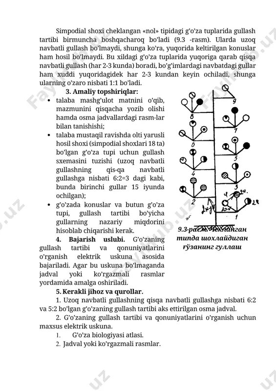 sh tartibi aks ettirilgan osma jadval. 2. g’o’zaning gullash tartibi va qonuniyatlarini o’rganish uchun maxsus elektrik uskuna. 1. g’o’za biologiyasi atlasi. 2. jadval yoki ko’rgazmali rasmlar. image1.png image2.png