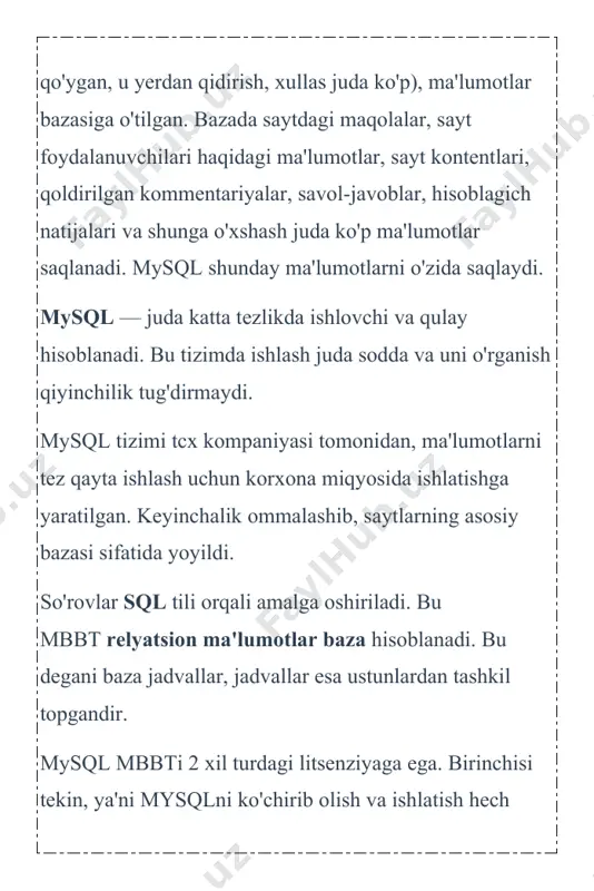 tur kodini yaratisgda ushbu firma javobgar. mysql server ochiq, yani tekin dasturiy taʼminot boʻlib, general public license himoyasidadir. mysql ab/sun firmasi dastur kodiga mualliflik huquqiga egaligi sababli, ushbu dasturiy taʼminotning kommerzial turi ham bor.mysql nomining kelib chiqishi aniq emas. 1996-yildan beri koʻplab biblioteka va tool (vosita)lar nomi oldida my prefiksi qoʻyila boshlangan. baʼzi maʼlumotlarga koʻra esa firmani tashkil qilganlardan biri hisoblanuvchi monty wideniusning qizi ismidan va sql, yaʼni structured query language (strukturaviy soʻrovlar tili) birikmasidan tashkil topgan. unix, macos x va linixdan tashqari, mysql windows, os/2 va i5/os (avvalgi os/400) uchun ham moslashtirilgan.windows uchun esa baʼzida ayrim cheklanishlar uchraydi. mysql koʻpincha web-servis uchun maʼlumotlarni saqlashda qoʻllaniladi, webserver apache va php bilan birgalikda ishlatiladi. mysql hozirda 6.000.000 dan ortiq foydalanuvchilar va kuniga 35.000 dan ortiq download qilinadigan dunyonig eng mashhur maʼlumotlarni boshqarish sistemasidir. mysql ga kirish mysql nima ? mysql ga kirish va uning turlari mysql — bu eng mashhur va …