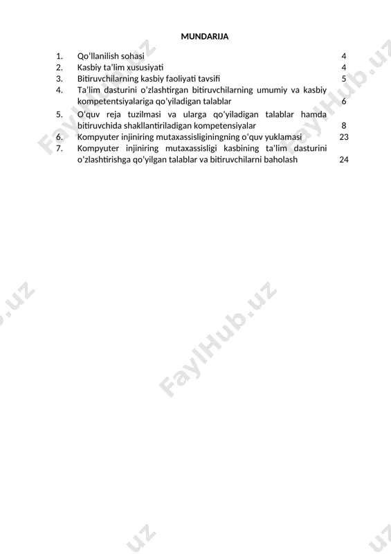 tomonlama tez fikrlash va faraz qilish, yorug‘likni sezish, faol va tez xotirlash, harakat xotirasi va moslashuvchanlik. 2.3. ta’limni davom ettirish imkoniyatlari. kompyuter injiniring mutaxassisi bitiruvchisi keyinchalik mutaxassislik ta’limini chuqurlashtirish maqsadida: · kadrlar malakasini oshirish tizimida, tarmoq o‘quv muassasalarida va maxsus kurslarida malakani oshirishi; · mutaxassislik faoliyatning tegishli sohasida yanada yuqoriroq malakaga erish maqsadida oliy ta’lim muassasasida o‘qishni davom ettirishi mumkin. 2.4. o‘qishga qabul shartlari. o‘qishga qabul shartlari amaldagi qonunchilik asosida amalga oshiriladi. 3. bitiruvchilarning kasbiy faoliyati tavsifi 3.1. bitiruvchining kasbiy faoliyat sohasi: sanoat va ishlab chiqarish korxonalari; kompyuter tizimlarini rejalashtirish, ishlab chiqish, sozlash va o‘rnatish uchun turli xil konfiguratsiyalar; ofis qurilmalari va kompyuter tarmoqlariga xizmat ko‘rsatish uchun apparat, dasturiy ta’minotlar, majmualar va tizimlar; 3.2. bitiruvchining kasbiy faoliyat obyektlari: 3.2.1. kompyuter tizimlari bo‘yicha mutaxassis kvalifikatsiyasi bo’yicha: · keng spektrli proektlar,kompyuter va aloqa komponentlariga asoslangan komplekslar va tizimlari; · kompyuter telekommunikatsiya vositalari; · kompyuter tarmoqlari majmualari; · kompyuter tarmoqlari dasturiy ta’minotlari; · …