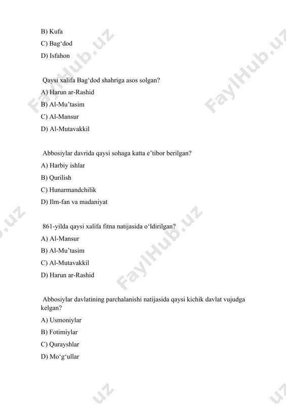 izlikka uchragan? a) rim b) vena c) parij d) madrid 1402-yilda anqara jangida usmoniylar kimga mag‘lub bo‘lgan? a) salib yurishchilarga b) amir temurga c) vizantiya imperatoriga d) vengriya qiroliga usmoniylarning birinchi sultoni kim edi? a) salim i b) usmon i c) muhammad ii fotih d) boyazid i usmoniylar davlatining eng kuchsiz davri qanday ataladi? a) xalifalik asri b) zaif xalifalar asri c) sultonlik davri d) kuchli xalifalar davri usmoniylar davlatida “devshirme” nima edi? a) soliq turi b) diniy qaror c) harbiy tizimga chaqirilish d) diplomatik kelishuv 1517-yilda usmoniylar qaysi davlatni bosib oldi? a) eron b) misr c) hindiston d) vizantiya qaysi usmoniy sultoni hukmronligi davrida davlat eng keng hududni egallagan? a) sulaymon i b) muhammad ii c) salim i d) boyazid i usmoniylar davlatining oxirgi yillari qaysi asrga to‘g‘ri keladi? a) xiv asr b) xvi asr c) xviii asr d) xx asr salib yurishlari qaysi yillarda bo‘lib o‘tgan? a) 1000–1100 …
