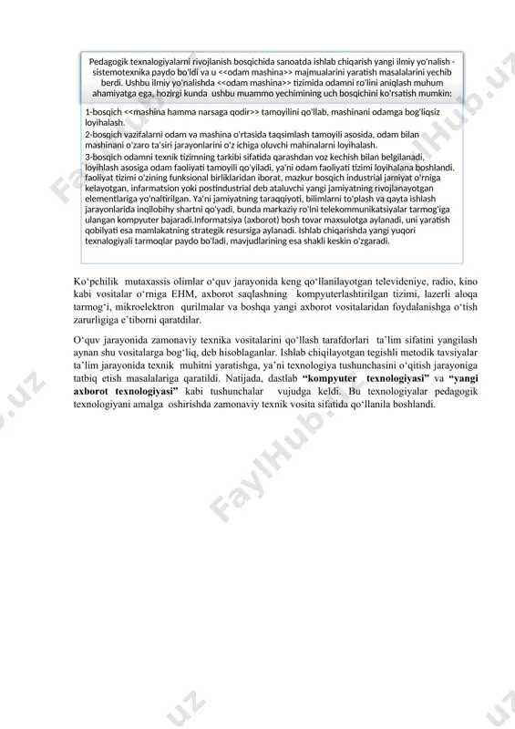 iga odam faoliyati tamoyili qo'yiladi, ya'ni odam faoliyati tizimi loyihalana boshlandi. faoliyat tizimi o'zining funksional birliklaridan iborat, mazkur bosqich industrial jamiyat o'rniga kelayotgan, infarmatsion yoki postindustrial deb ataluvchi yangi jamiyatning rivojlanayotgan elementlariga yo'naltirilgan. ya'ni jamiyatning taraqqiyoti, bilimlarni to'plash va qayta ishlash jarayonlarida inqilobihy shartni qo'yadi, bunda markaziy ro'lni telekommunikatsiyalar tarmog'iga ulangan kompyuter bajaradi.informatsiya (axborot) bosh tovar maxsulotga aylanadi, uni yaratish qobilyati esa mamlakatning strategik resursiga aylanadi. ishlab chiqarishda yangi yuqori texnalogiyali tarmoqlar paydo bo'ladi, mavjudlarining esa shakli keskin o'zgaradi. mavzu: pedagogik texnologiyaning ilmiy va nazariy asoslarini texnika fanlari misolida taxlil qilish. - pedagogik jarayonning natijaviyligi ta’minlanadi va asoslanadi; - talab etilgan natijaga erishishni kafolatlash uchun fan va amaliyotning eng so‘nggi yutuqlari qo‘llaniladi; pedagogik faoliyat ekstensiv (bekorga ko‘p kuch, vaqt va resurs sarflash) tarzida emas, balki ilmiy asosda tashkil etiladi; - faoliyatni “to‘g‘rilash” bo‘yicha tadbirlarni kamaytirish maqsadida loyihalash va oldindan rejalashtirish ishlariga alohida e’tibor beriladi; - ta’lim jarayonini rivojlantirish maqsadida zamonaviy …
