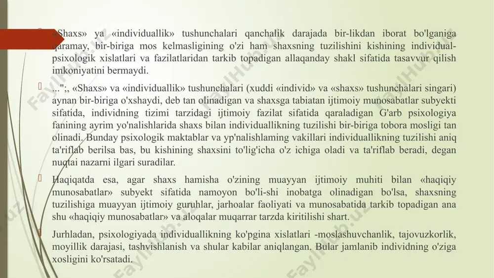 l -biologik hamda ijtimoiy omillar ta'wri ostida shakllangan ikkita asosiy kichik tuzilma borligini alohida ta'kidlaydigan nazariya sezilarli o'rin egallaydi.inson shaxsining o'zi «endopsixik» va «ekzopsixik» tuzilishga bo'linadi, degan fikr ham tfgari suriladi. shaxs tuzilishining ichki tuzi­lishi sifatida «endopsixika» bamisoli kishining asab-psixik tuzilishiga o'xshash bo'lgan inson shaxsining ichki mexanizmi kabi psixik qism-lar va funksiyalarning o'zaro ichki bogiiqligini ifoda etadi. ekzopsi-xikaning tashqi muhitga munosabati bilan, ya'ni shaxs qanday bo'1 masin, baribir munosabatga kirishishi mumkin bo'lgan va shaxsga qa-rama-qarshi turadigan tuzilishlarining barchasiga nisbatan munosabati bilan belgilanadi «endopsixika» rnoyillik, xotira, tafakkur va xayol jxususiyatlari, irodaviy zo'r berish, tashqi ta'sirlarga beriluvchanlik kabi boshqa xis-latlarni, «ekzopsixika» esa kishi munosabatlari tizimi va uning tajriba-sini, qiziqishlarini, moyilliklarini, ideallarini ustun darajadagi his-tuyg'ularini shakllangan bilimlari va boshqa belgilarini o'z ichiga oladi. tabiiy asosdagi «endopsixika» ijtimoiy omil bilan belgilanadi-gari «ekzopsixika»ga qarama-qarshi oiaroq, biologik jihat bilan bog'liqdir.tabiiy tarkibiy jihatlar va belgilar kishi shaxsining individuallik tuzilishida uning ijtimoiy jihatdan taqozo etilgan qismlari sifatida mavjud …