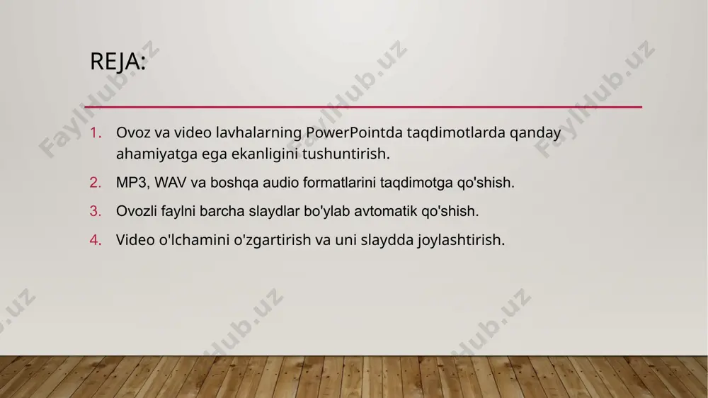 . bu format asosan yuqori sifatli audio materiallarni saqlash uchun ishlatiladi. ovozli faylni barcha slaydlar bo'ylab avtomatik qo'shish powerpointda ovozli faylni barcha slaydlar bo'ylab avtomatik ravishda qo'shish uchun quyidagi bosqichlarni bajarish mumkin: 1.1 ovozli faylni qo'shish powerpoint taqdimotingizni oching va audio faylini qo'shmoqchi bo'lgan slaydingizni tanlang. powerpointning yuqori menyusida "insert" (kirish) bo'limini oching. "audio" tugmasini bosing va "audio on my pc..." (kompyuterdan audio) opsiyasini tanlang. faylni tanlang va insert (kiritish) tugmasini bosing. 1.2 audio faylni avtomatik o'ynashni sozlash audio fayl qo'shilgandan so'ng, "playback" (ishlatish) menyusiga o'ting. bu menyu audio faylni tanlaganingizda avtomatik ravishda ochiladi. "start" (boshlash) bo'limida "automatically" (avtomatik) ni tanlang. bu, audio faylning taqdimot boshlanishi bilan avtomatik ravishda o'ynashini ta'minlaydi. audio formatlarini taqdimotga qo'shish. audio faylni kompyuterdan qo'shish slaydni tanlash: taqdimotingizda audio faylni qo'shmoqchi bo'lgan slaydni tanlang. kirish menyusi: powerpointning yuqori qismidagi "insert" (kirish) menyusini oching. audio tanlash: "audio" tugmasini bosing, so'ngra "audio on my pc..." (kompyuterdan audio) opsiyasini …