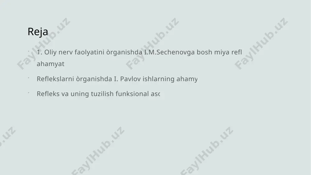 ular tashqi ta'sirlarga tezkor javob berishni ta'minlaydi. sechenovning tajribalari, bosh miya reflekslari va ularning nerv tizimidagi o'rnini aniqlashda muhim ahamiyatga ega bo'lib, ilmiy rivojlanishga katta hissa qo'shdi. sechenov va reflekslar: oliy nerv faolyatini rivojlantirishdagi ahamiyati. 1 sechenovning roli i.m. sechenov oliy nerv faolyatini o'rganishda reflekslar nazariyasini ishlab chiqdi, bu esa psixologiya va nevrologiyada yangi yo'nalishlarni ochdi. 2 reflekslarning mohiyati sechenov reflekslarni bosh miya faoliyatining asosiy elementlari sifatida ko'rdi, bu esa hayvonlar va insonlar uchun muhim biologik funksiyalarni anglatadi. 3 ilmiy merosi sechenovning ishlari zamonaviy nevrologiyada reflekslar va ularning mexanizmlarini tushunishda muhim ahamiyatga ega, bu esa zamonaviy tadqiqotlar uchun asos bo'lib xizmat qiladi. i. pavlovning reflekslar haqida asosiy nazariyalari. 1 pavlovning asosiy nazariyasi i. pavlov reflekslarning shartli va shartsiz turlarini ajratib ko'rsatdi. shartli reflekslar o'rgatish jarayonida paydo bo'ladi va natijada xulq-atvorni o'zgartiradi. 2 shartli reflekslar pavlov shartli reflekslarni o'rganish uchun itlar ustida eksperimentlar o'tkazdi. bu eksperimentlarda taom va tovushlar o'rtasidagi bog'liqlik …