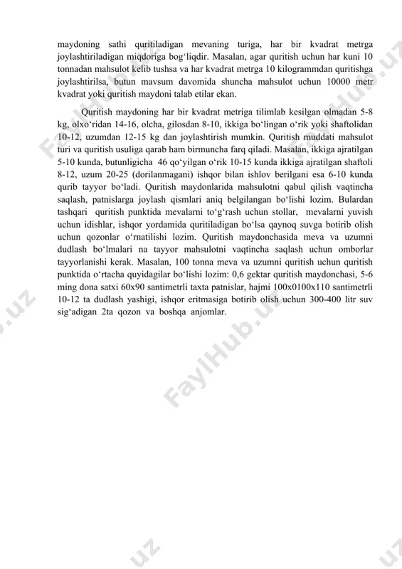 tarkibida achitqilar bo‘lmaydi va ularni bemalol saqlash mumkin, ularda issiqlik sterilizatsiyasi o‘tkazilmaydi. ionlashgan nurlar yordamida konservalash. bu usul birmuncha yangi hisoblanadi va u mikroorganizmlarni hamda hashoratlarni o‘ldirishga qaratilgan. ushbu maqsadda ultrabinafsha, infraqizil, rentgen va - nurlaridan foydalaniladi. tez buziluvchan mahsulotlarni yoki ularni saqlash muxitini ultrabinafsha nurlari yordamida ishlov berilsa bunday mahsulotlarni sovutgichlar o‘rnatilmagan joyda ham ma’lum davr saqlash mumkin. ayrim mahsulotlarni infraqizil nurlar yordamida dezinfeksiyalash va dezinseksiyalash uslublari ham ishlab chiqilgan. juda yaxshi sterilizatsiya samarasini - va nurlarining ma’lum dozalarida olish mumkin. qishloq xo‘jalik mahsulotlariga bo‘lgan talab yildan-yilga keskin ortib bormoqda. bu esa mahsulotni saqlash va qayta ishlash usullarining rivojlanishini, bunda fan va texnika yutuqlaridan atroflicha foydalanishni, mahsulot saqlashning yangi usullarini yaratishni taqozo etadi. konservalashning fizik-kimyoviy uslublari yurtimizning iqlim sharoitining harorati yuqori, xavo namligi past bo‘lishi va uzumni oftobda quritish uchun qulay bo‘lib hisoblanadi. oftobda quritilgan mahsulot, sun’iy quritilganiga nisbatan sifati bo‘yicha juda yuqori baholanadi. uzum va mevani oftobda quritish …