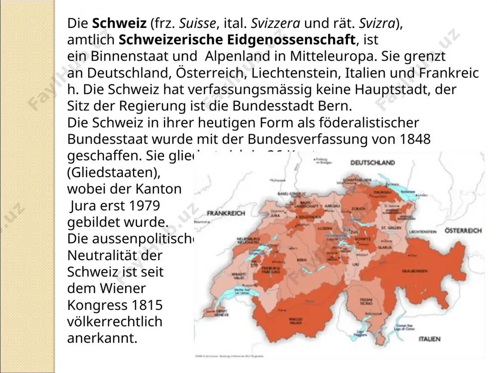 der schweizerischen eidgenossenschaft hält seit 1999 fest: «die landessprachen sind deutsch, französisch, italienisch und rätoromanisch.» im artikel 701 heisst es zudem: «die amtssprachen des bundes sind deutsch, französisch und italienisch. im verkehr mit personen rätoromanischer sprache ist auch das rätoromanische amtssprache des bundes.» jenisch und jiddisch wurden durch die ratifizierung der europäischen charta der regional- oder minderheitensprachen durch die schweiz 1997 als territorial nicht gebundene sprachen der schweiz anerkannt. schulsystem das schweizer schulsystem ist ein komplexes gebilde. die obhut des schulwesens liegt nicht ausschliesslich beim bund, sondern ist aufgrund des föderalismus vorwiegend sache der kantone. politik politisches system die schweiz ist ein republikanisch verfasster bundesstaat. sie unterscheidet sich von anderen republiken durch elemente der direkten demokratie: das volk kann über initiativen und referenden direkten einfluss auf die regierungstätigkeit nehmen. in zwei kantonen, appenzell innerrhoden und glarus, gibt es noch eine urform der schweizerischen basisdemokratie: die landsgemeinde. den ausgeprägten föderalismus: die …