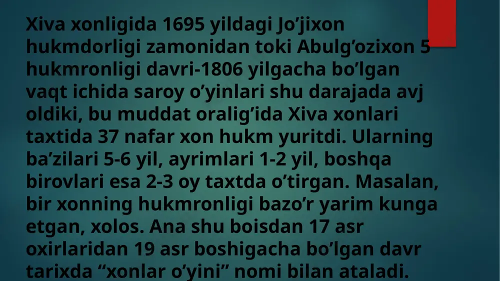 qozoq podshohi abulxayrxonning inisini keltirib,xon qilib ko’taradilar. o’sha kuni juma bo’lib, ertalab taxtga chiqqan hukmdor peshin nomoziga borishda otdan yiqilib o’ladi. ya’ni yosh xonni o’rgatilmagan asov otga mindirib, “yiqilishi” ni maxsus uyushtirishadi. onning sariq ayg’ir oti oldindan ba’zi fitnachi amaldorlar tomonidan shunga rejalashtirilgan. shu boisdan tarixchilar yarim kunlik hukmdorni “sari ayg’ir xon” deb tarixga kiritganlar. yarim kunlik hukumdorni taxtga oʻtqazilishi taxtdan voz kechgan xon u necha bor qirg’inbarotlarda qatnashib, ajal bilan yuzma-yuz keldi va hattoki 10 yil hijratda zindonband qilinib, u erdan ming mashaqqatlar bilan qochdi. so’ngra atrofiga tarafdorlar to’plab, keyingina toju taxtga erishdi. shundan so’ng yigirma yil davomida taxtni qo’ldan bermay, davlatni o’z imkoniyati darajasidan kelib chiqib boshqardi. biroq sog’lig’i yomonlashgach, ayovsiz kurashlar bilan qo’lga kiritgan taxtidan voz kechishga qaror qildi… shajarai turk” asarida odam ato zamonidan o’zigacha bo’lgan davrdagi turk va mo’g’ul urug’larini, “shajari tarokima” da turkman urug’lari hayotini batafsil tasvirlaydi. “manofe’ ul-inson” asarida esa abulg’ozining tabiblik tajribasi, …