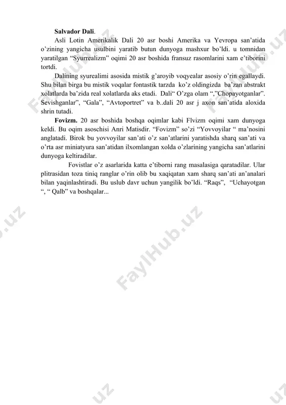 sada, biroq u gibertining “jannat darvozasiga qarama-qarishi aoxangda yaratidi. shunigdek u ko’plab byustlar ustida xam ishladi. shundaylardan –“faylasuf”, fikrlovchi “, “rashfor”, “dalu” “gyugo” kabi buyuk shaxslarning butun bir galereyasini yaratdi. roden keyingi davrda imperssionizm ta’sirida o’zining ishq muxabbat bilan yo’g’rilgan – “sevgi”,”romeo va juletta”, “abadiy sevgi” kabi qator syujetli xaykallarini yaratib bu davr san’atida novatorlardan biri bo’ldi. 20 asr boshida fransiyada turli formalistik oqimlar kurashi avj oladi. bu davrda parij shaxri butun yevropa davlatlari san’at madaniyat borasida kurashlar arenasiga aylandi. bu yerda turli badiiy oqimlar vujudga keldi: kubbizm, syurrealizm, fovizm, abstraksionizm, “dadaizm, art deko, pop art va xakazo... shunday yangi san’at yo’ldan borgan pablo pikasodir. kubbizm . p .pikasso. pikasso asli ispaniyalik. yoshlik chog’ida ispan rassomlari goyya, velaskes va b.ta’sirida shakllangan. ilk ijodida pikasso realizmda ijod qildi. san’atga bo’lgan kuchli xavas xamma qatori parijga boshlaydi. parij bu davrda butun yangicha san’atning o’choqlaridan biri bo’lib bu yerda turli badiiy oqimlar o’zaro …