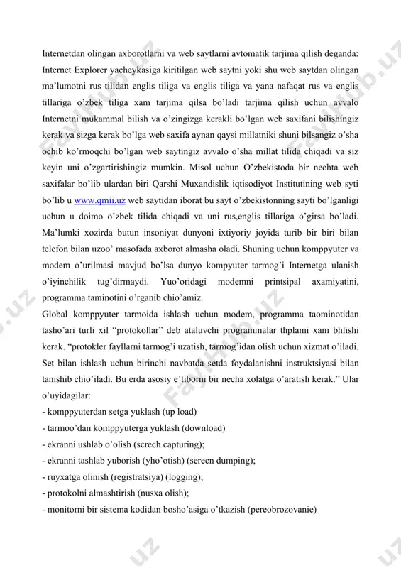 u еrda asosiy e’tiborni bir nеcha xolatga o’aratish kеrak.” ular o’uyidagilar: - komppyutеrdan sеtga yuklash (up load) - tarmoo’dan komppyutеrga yuklash (download) - ekranni ushlab o’olish (screch capturing); - ekranni tashlab yuborish (yho’otish) (serecn dumping); - ruyxatga olinish (rеgistratsiya) (logging); - protokolni almashtirish (nusxa olish); - monitorni bir sistеma kodidan bosho’asiga o’tkazish (pеrеobrozovaniе) ushbu atamani to‘g‘ri izohlash maqsadida qator ensiklopediya va lug‘atlarga murojaat qilishga to‘g‘ri keldi. sababi ayni atama texnologik xarakterga ega bo‘lib, neologizmlar sirasiga kiradi. konvergentsiya lotincha «convergo» so‘zidan olingan bo‘lib, «yaqinlashayapman», «qo‘shilayapman» ma'nolarini anglatar ekan. termin allaqachon biologiya, etnografiya, tilshunoslikdagi o‘zaro mutanosib birlashish jarayonlariga nisbatan qo‘llanilib kelishiga qaramay, texnikaga nisbatan yaqinda ishlatila boshladi. bu jihatdan uning ma'nosi turli xil elektron texnologiyalarning tez rivojlanishi va o‘zaro ishlashi natijasida yagona tizimga birlashish, qo‘shilish jarayonini anglatadi internetning vatani bo‘lmish аqsh bugun siyosiy, iqtisodiy va ijtimoiy ko‘rsatkichlarga ko‘ra texnologik jarayonlar rivojining markazida turadi. аmerika jurnalistikasining takomili ham aynan axborot-kommunikatsion texnologiyalar zamirida amalga …