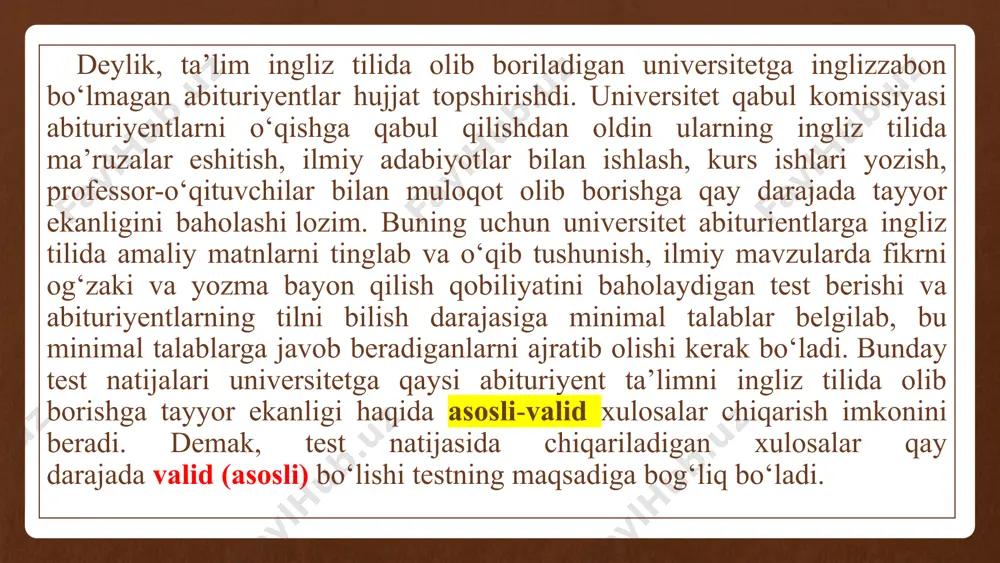 , test tuzuvchilar tomonidan, lozim bo’lganda tashqi mutaxassislarni jalb qilgan holda amalga oshiriladi; testni tuzib bo’lgandan keyin mazmun bilan bog’liq talablar asosida testga baho berish – bu ko’pincha tashqi mutaxassislar tomonidan amalga oshiriladi. odatda, testning mazmun bilan bog’liq validlik talablariga javob berishini ta’minlash uchun har ikkala strategiya qo’llaniladi. test toshiruvchilarining test topshiriqlarini bajarishi jarayoni bilan bog’liq dalillar keltirish uchun test topshirig’ini bajarish jarayonida test topshiruvchilar nima qilishlarini tahlil etiladi. bunda quyidagi savolga e’tibor qaratiladi: - test topshiruvchilarning test topshirig’ini bajarish jarayonidagi amallari test orqali o’lchanayotgan konstrukt bilan qay darajada bog’liq? test topshiruvchilarning test topshiriqlarini bajarish jarayoni bilan bog’liq dalillar test tuzuvchilar testga test topshiriqlarini kiritayotganda bu topshiriqlarni bajarish uchun qanday ko’nikmalar (malakalar, kompetensiyalar) ishga solinishi lozimligini tahlil qilishlari, bu ko’nikmalar (malakalar, kompetensiyalar) testning maqsadi bilan qay darajada mos ekanligiga baho berishlari lozim. test topshiriqlarini bajarish jarayoni bilan bog’liq validlik talablariga javob berishni ta’minlashda bir qancha strategiyalarni qo’llash mumkin; testdan keyin …