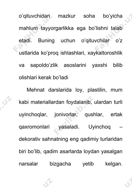 ilar narsalarni yasash usullarini egallab olganlaridan sung uyinchoklar, badiiy bezakli dekorativ idishlarni yasashga utishlari mumkin. adabiyotlar. 1. p.magzumov. ”o’quvchilarning mehnatga tayyorgarlik bo’yicha bilim va ko’nikmalari sifati”. t. 1994 - yil. 2. x.sanaqulov, m.haydarov “boshlang’ich sinflarda qog’ozdan amaliy ishlar” 1996 –yil. 3. r. a. mavlonova, goroxova, ogluzdina.o. “mehnat tahlim metodikasi” t. “o’qituvchi” 1986- yil 4. shumulevich n. m. “qog’ozdan texnik modellar yasash” t. “o’qituvchi” 1989 – y.