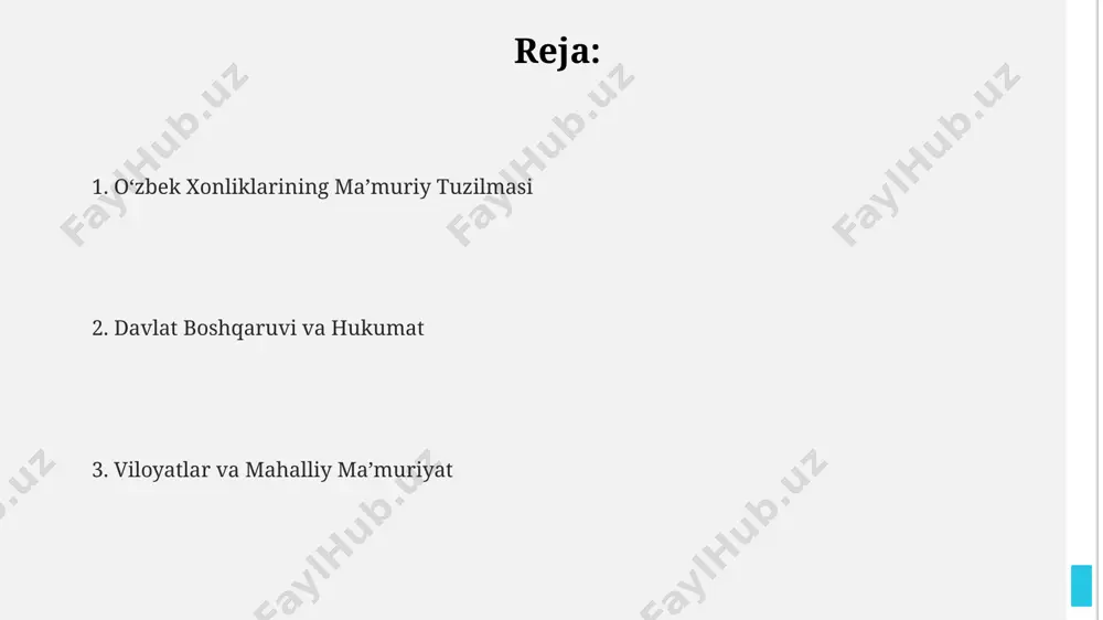 , namangan, margʻilon kabi yirik shaharlarni oʻz ichiga olgan, har biri alohida boshqaruv tizimiga ega boʻlgan 30 dan ortiq tuman mavjud boʻlgan. harbiy maʼmuriyat бухоро амирлигидаги ҳарбий маъмурият қўқон хонлигига нисбатан анча марказлаштирилган бўлиб, 20 дан ортиқ туманга бўлинган ва ҳар бир туманга бек тайинланган. хиво хонлигида 18-асрда ҳарбий маъмуриятнинг 5 та асосий бўлими бўлиб, улар ҳарбий ҳудудларни назорат қилиб, 5000 га яқин аскарни бошқарган. 19-асрдаги самарқанд вилоятидаги ҳарбий маъмурият, давлатнинг мудофаа салоҳиятини кучайтириш учун 3 та муҳим қалъа ва 10 дан ортиқ қўшин лагерини назорат қилган. tashqi siyosat va xalqaro aloqalar коканд хонлигининг 18-19 асрларда қирғизистон ва қозоғистон ҳудудларидаги кўчманчи қипчоқ уруғлари билан 30 йилга яқин давом этган ҳарбий ва сиёсий курашлари натижасида ҳудудий чегаралар ўзгарди. хива хонлигининг xix асрда афғонистон ва британия ҳиндистони билан савдо-иқтисодий алоқалари минтақавий геосиёсатда муҳим ўрин тутган, 5 та йирик савдо йўналиши фаолият кўрсатган. xvi асрда бухоро хонлигининг россия, хитой ва осмоний империялари билан …
