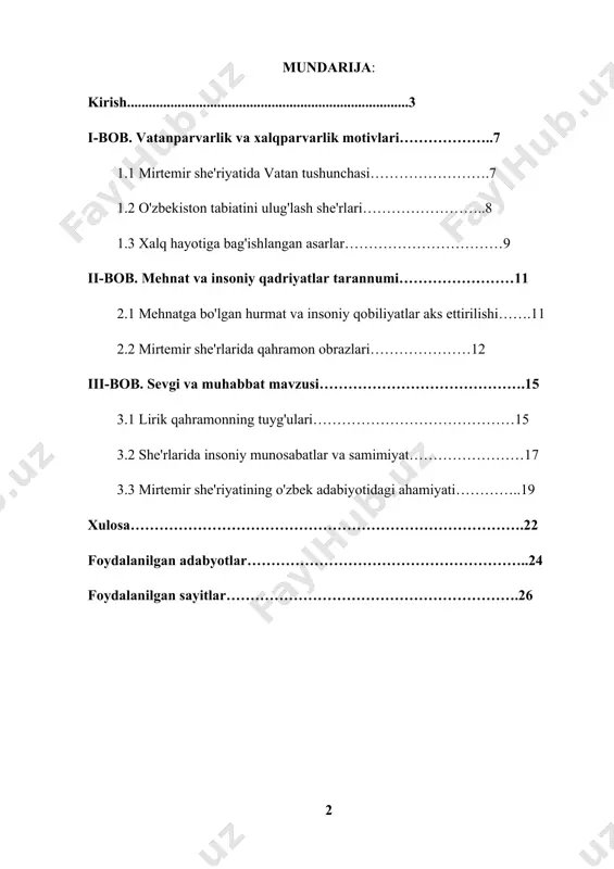 hida mirtemir she'riyatidagi mavzular, material-mohiyati va badiiy ifoda uslublari o'rganiladi. hisoblash milliyligi, shoir ijodida qadriyatlar va umuminsoniy g'oyalar uyg'unlashgan bo'lib, bu bugungi kun yoshlariga estetik va ma'naviy tarbiya berishda muhim kasb etadi. kurs ishining maqsadi mirtemir she'riyatini chuqur o'rganish va o'zbek adabiyotidagi o'rni va ahamiyatini aniqlashdan iborat. ush tadqiqot shoirning ijodiy merosini kengroq o'rganishga yordam beradi. mirtemir o'zbek she'riyatining yuksak san'ati va o'ziga xos uslubi bilan ajralib turadigan kuchli shoirlardan biridir. u milliy o'z vaqtida, balki hozirgi kunda ham o'zining badiiy va ma'naviy boy asarlari bilan adabiyotimizning rivojiga katta hissa qo'shgan. mirtemirning she'rlari o'zbek xalqining tarixiy, madaniy va ma'naviy qadriyatlarini ulug'lashga, vatan va xalqni sevishni, insonni o'zining yuksak ma'naviy kamolotiga intilishiga undaydi. shoirning she'rlari milliy g'oyalarni, insoniy tuyg'ularni va ijtimoiy masalalarni ifodalashda yuksak mahorat kuchga ega. mirtemir o'z asarlarida mehnat, adolat, samimiyat va do'stlik kabi umumbashariy qadriyatlarni yuksaltirgan, o'zbek xalqi va shod kunlarini o'zining she'riy tafakkuri orqali ifodalagan. uning she'rlarida …