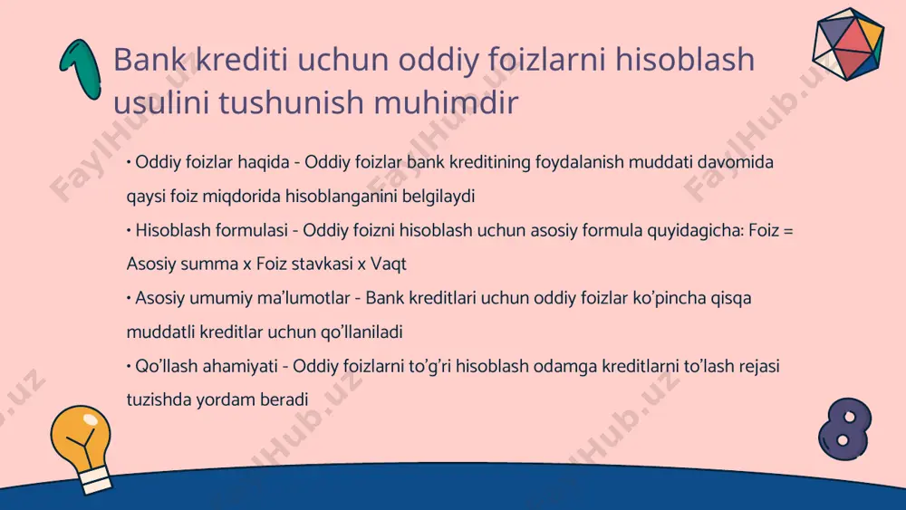 elishuvni tavsiflaydi. ular foiz stavkasi, to'lov muddatlari va boshqa mulohazalarga ta'sir qiladi. oddiy foizlar usuli bilan kreditni qanday to‘lashni bilish kerak • oddiy foiz nima - oddiy foizlar usuli kreditning umumiy qiymati asosida aniqlanadi. bu usulda foiz har yili olingan asosiy summadan hisoblanadi. kiruvchi va chiquvchi xarajatlarni aniqlashda oddiy foizlar foydalanish juda qulay. • kredit muddatini belgilash - kreditni to‘lashda muddatni aniq belgilash muhimdir. har bir to‘lov muddati uchun aniq miqdor va vaqt belgilangan bo‘lishi kerak. bu esa to‘lovlarni osonlashtiradi. • to‘lovlarni rejalashtirish - to‘lovlarni rejalashtirishda xarajatlarni oldindan hisoblash muhim ahamiyatga ega. har oy yo‘naltirilgan mablag‘larni hisoblab chiqish kerak bo‘ladi. bunda hisob-kitoblarni aniq qilish to‘lovlarni osonlashtiradi. • foizlar va summalar - kredit bo‘yicha to‘lanadigan foizlar summani oshirishi mumkin. to‘lovlarni vaqtida o‘tkazish vaqt o‘tishi bilan foizlar yukini kamaytiradi. bu esa xalqaro kreditlar va milliy banklar o‘rtasida farqlarni ko‘rsatadi. kredit foizlarini hisoblashda o'zgaruvchan foizlardan ehtiyot bo'lish kerak • o'zgaruvchan foizlar haqida ma'lumot …