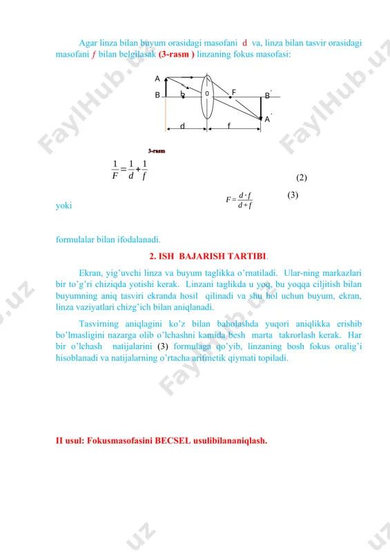 ni (3) formulaga qo’yib, linzaning bosh fokus oralig’i hisoblanadi va natijalarning o’rtacha arifmetik qiymati topiladi. ii usul: fokusmasofasini becsel usulibilananiqlash. 4-rasm bu usulda fokus oralig’ini linzaning qanchalik siljiganligiga qarab aniqlanadi. agar buyum va tasvir orasidagi masofa 4f dan ortiqroq bo’lsa, unda hamma vaqt linzaning shunday ikki vaziyatini topish mumkinki, linza birinchi vaziyatda turganda buyumning ekrandagi tasviri yaqqol, ammo aslidan kichik, ikkinchi vaziyatda turganda ham tasvir yaqqol, ammo aslidan katta bo’ladi (4-rasm). (3) formuladanfoydalanib, linzaning: i vaziyati uchun (4) ii vaziyati uchun (5) tenglamalarni yozish mumkin. bu tenglamalarni o’ng tomonlarini tenglashtirib, ni qiymatini (5) ga qo’ysak, quyidagini topamiz. (6) bu formuladan foydalanib linzaning bosh fokus masofasi hisoblanadi. 2b. ish bajarish tartibi buyum bilan ekran bir-biridan d > 4f masofada o’rnatilib, ularning orasiga linza joylashtiriladi va uni o’ng yoki chapga siljitib buyumning kattalishgan va kichiklashgan yaqqol tasvirlari hosil qilinadi. linzaning mana shu vaziyatlariga tegishli x1 va x2 lar o’lchanadi. mazkur o’lchashlar bir …