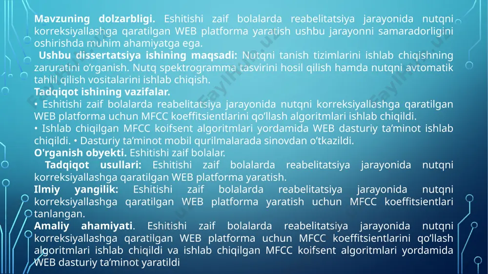 ga teginish orqali muolaja davom etadi. (2-rasm) faqat bu emas, foydalanuvchilar bir vaqtning o'zida ikkita tildan foydalanishlari mumkin, bu ularga ikki tilda gapirish imkonini beradi. www.bibusha.ru web sayti bolalar uchun mo’ljallangan web platforma bo’lib, bolalar o’zlariga kerakli ma’lumot va bilimlarni ota onalari bilan birgalikda turli xil o’yinlar o’ynab olishlari mumkin 3-rasm www.bibusha.ru web sayti logotipi bibushani “nutqida nuqsoni bor bolalar” uchun ham nutqni rivojlantirishga yordam beradigan qiziqarli bo’limlari mavjud. bu bo’limda bola o’rganayotgan so’zini rasm va audio xolida o’rganadi (3-rasm) nutq spektrogramma tasvirini hosil qilish hozirgi kundagi zamonaviy nutqni tanish tizimlarining ko'pchiligida nutq spektrogrammasidan keng ko'lamda foydalanilayotganini ko'rishimiz mumkin. spektrogramma – bu signal quvvatini va zichligini vaqtga bog'liqligini ko'rsatuvchi tasvirdir. u ikki o'lchovli grafikda taqdim etiladi. bunda gorizontal o'q vaqtni, vertikal o'q esa chastotani ifodalaydi. aniq vaqtdagi amplituda chastota xarakteristikalari esa rang intensivligi bo'yicha belgilanadi. spektrogrammani hosil qilish bosqichlari rasmda ko'rsatilgan 4-rasm nutq spektogramma tasvirlarini hosil qilish bosqichlari. dastlabki ishlov …