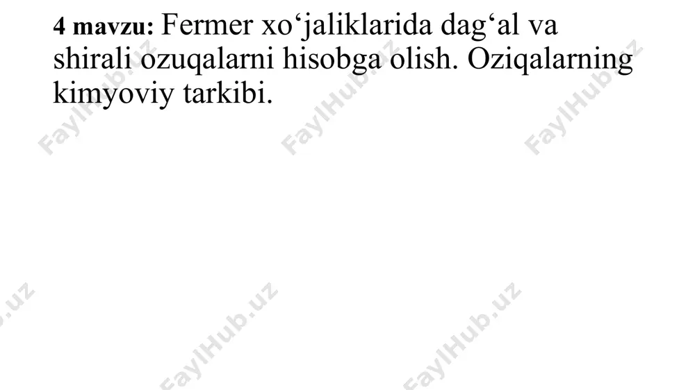 oy 3-5 kun 1 oy 3 oy ekilgan boshoqli o‘tlar pichani 52 61 68 45 55 62 ekilgan dukkakli o‘tlar pichani 66 77 83 57 70 75 o‘rmon, tabiiy aralash o‘tlar pichani 49 57 61 42 50 55 dasht, cho‘l aralash o‘tlar pichani 58 68 74 50 60 65 variantlar 1 2 3 4 5 6 7 8 9 10 11 12 13 14 15 belidan aylanasi 15 16 17 18 19 20 21 22 23 24 25 20 21 22 23 eni 4 5 6 7 8 8 7 6 5 4 4 5 6 7 8 uzunligi 40 41 42 43 44 45 46 47 48 49 50 51 52 53 54 1 m3 hajmda 50 52 54 56 58 60 62 64 66 68 70 72 74 76 78 variantlar 16 17 18 19 20 21 22 23 24 25 26 27 28 29 30 belidan aylanasi …