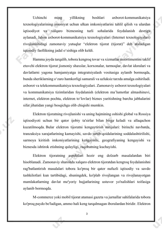 ga shoshilishning hojati yo'q, bu telefondan ma'lumotni o'qiyotganda avtomatik ravishda sodir bo'ladi. shunday qilib, mobil tijorat, lehman brothers ta'rifiga ko'ra, aloqa, ko'ngil ochish, ma'lumotlarni qabul qilish va uzatish, davlat va xususiy tarmoqlar orqali tranzaktsiyalarni amalga oshirish uchun mobil ko'chma qurilmalardan foydalanishdir. 1. elektron biznes. tushunchalar va ta'riflar elektron biznes - bu elektron qurilmalar orqali pul ishlash usuli. elektron biznesning yana bir ta'rifi mavjud: elektron biznes - bu zamonaviy axborot texnologiyalaridan foydalanish imkonini beruvchi elektron vositalar orqali xizmatlar yoki yakuniy mahsulotlar ko'rsatishdir. televidenie, telefon, internet shunday. elektron biznes - bu kompaniyaga mijozlarga xizmat ko'rsatishni yaxshilash va hamkorlar bilan biznes aloqalarini optimallashtirish orqali raqobatdosh ustunlikka erishish imkonini beruvchi sifat jihatidan yangi ish texnologiyasidir. internet texnologiyalari e-biznesning asosiy, ammo yagona asosiy jihatlaridan biri emas. elektron tijorat elektron biznesning elementlaridan biridir. bu marketing funktsiyalarini bajarish, shu jumladan iste'molchiga internet orqali tovarlar va xizmatlarni sotish bilan bog'liq. aksariyat mutaxassislar elektron biznesning ikkita komponentini ajratib ko'rsatishadi. …