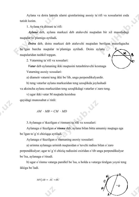 kulyar bo`lsa, aylanaga o`rinadi. b) agar o`rinma vatarga parallel bo`lsa, u holda u vatarga tiralgan yoyni teng ikkiga bo`ladi. s) aylanaga o`tkazilgan ikki o`rinma aylana tashqarisida kesishadi. bunda ular hosil qilgan kesmalar teng, kesishish nuqtasi va aylana markazidan o`tuvchi to`g`ri chiziq o`rinmalar bilan teng burchaklar hosil qiladi: ab = ac, < oab = <oac. 4. kesuvchi va urinma haqidagi teorema: teorema. agar m nuqtadan mc o`rinma va ma kesuvchi o`tkazilgan bo`lsa, u holda kesuvchini aylanani kesib o`tuvchi nuqtalaridan m nuqtagacha masofalar ko`paytmasi o`rinmani kvadratiga teng bo`ladi: mb ( ma = mc2 5. uzunliklar va yuzalarni hisoblash formulalari. r radiusli aylana uzunligi: l = 2(r; r radiusli doira yuzi: s = (r2; r radiusli aylananing ( markaziy burchagiga mos keluvchi yoy uzunligi: ℓ = r ( ( (( - markaziy burchakni radian o`lchovi); ℓ = (n0 – markaziy burchakni radius o`lchovi); r radiusli doirani ( markaziy burchagiga mos keluvchi doira sektori …