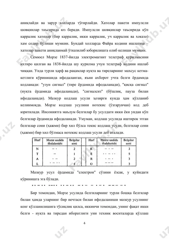 11 21 мазкур ахборотни юқорида келтирилган жадвалдаги маълумотларни билмасдан қайта кодлаш жуда мураккаб. курс ишининг мақсади ва вазифалари: хаффмен алгоритми таҳлили ва тадбиқи ўрганиб чиқилди. хаффмен алгоритми ёрдамида дарахт қурилиши кўриб чиқилди. бу алгоритм моҳияти тўлақонли англаб етилиб,етарлича тушунган ҳолда ушбу алгоритмнинг дастурий модулини ишлаб чиқиш масаласини ҳал этиш мақсад сифатида қўйилди. бу курс ишини бажаришда қуйидаги вазифалар қўйилди: · самарали кодлар қуриш алгоритмларини ўрганиб чиқиш; · хаффмен алгоритмининг тарихи билан танишиб чиқиш; · хаффмен алгоритмининг таҳлили билан танишиш; · хаффмен кодлаш дарахтини яратиш; · хаффмен алгоритмининг дастурий модулини ишлаб чиқиш. ii боб 1.1 самарали кодларни қуришда хаффмен алгоритмининг татбиқи ахборот назарияси нуқтаи назаридан ахборотни кодлаш – бу ахборот манбаидаги алфавитни маълум бир тартибда шартли символлар билан алмаштириб чиқиш тушунилади. код (код алфавити) – берилган бирламчи маълумотни кодлаштириш мақсадида ишлатиладиган шартли символларнинг тўлиқ тўплами ҳисобланиб, маълум бир кодлаш қоидаси негизида амалга оширилади. код алфавитини ташкил этадиган ҳар хил код символлари …