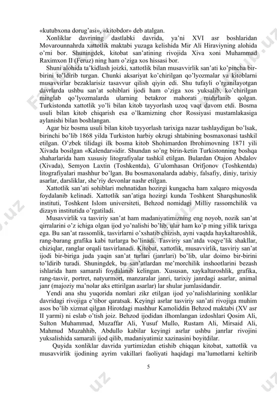 masjid, haram, oq shayx bobo ko’shki, mulozimlar xonalari, omborxona va otxonalar bo’lgan. mozori sharif madrasasi (1882). xivada. muhammad rahimxon ii feruz buyrug’i bilan usta qalandar ko’chim qurgan. madrasa bir qavatli. koshinlar bilan bezatilgan. hovli atrofida hujralar joylashgan. imoratbobo majmuasi (xviii - xix asrlar). xorazm viloyatidagi said shapoat aziz maqbarasi. mirmuhammad aziz maqbarasi va yana bir nomsiz maqbara hamda qabriston shimolidagi masjiddan iborat. maqbaralar ikki xonali, go’rxona va ziyoratxonadan tashkil topgan. ichan qal’a (ichkari qal’a, asosi miloddan avvalgi v asr, tashqarisi xviii-xix asrlar). xivaning ichkari qismi. 26 gektarga yaqin maydon devor bilan o’ralgan va 4 ta darvozasi (bog’cha, tosh, polvon ota, dasht) bor. qal’ada asrlar mobaynida qurilgan ansambllar bo’lib, saroylar, ma’muriy binolar, turar joylar, madrasalardan iborat. kalta minor - ko’k minor (1852). xivada. eng katta va baland qilib qurishga mo’ljallangan (taxminan 70-80 m.) inshoot. afsuski, xonning vafoti bilan chala qolgan. hozirgi holatida balandligi 26 metr, asosining diametri 14,2 metr. oq, yashil, …