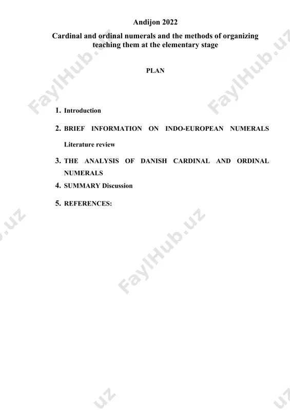 ated by shortly describing the pie counting system and the possibility of its reconstruction. further on, several counting systems that have different numeral bases which can be found among european languages will be distinguished. among these, the origin and usage of the decimal and the vigesimal systems will be described. next, danish cardinal and ordinal numerals will be analysed by providing some of the forms that they acquired during their development. since the following article was not meant to be a thorough historical investigation on the development of danish numbers with each phase carefully examined, but rather a glance at their present forms supplemented by a brief historical background, the listed modern forms will be accompanied by only several major forms that the numeral acquired in a specific phase. apart from this description, special attention will be paid to the numerals 50, 60, 70, 80 and 90, and their origin …