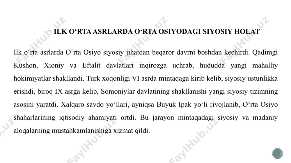 ta asrlarda o‘rta osiyoda harbiy harakatlar keng miqyosda kechdi. turk xoqonligi mahalliy hokimiyatlar bilan hududiy ustunlik uchun kurash olib bordi. arab istilolari esa viii asrda boshlangan bo‘lib, bu jarayon butun mintaqaning siyosiy va madaniy xaritasini o‘zgartirdi. ushbu davrda shahar va qishloqlarda mudofaa inshootlari, qal’alar va devorlar qurilib, xavfsizlik mustahkamlandi. arablarning o‘rta osiyoga kirib kelishi (vii-viii asrlar) vii-viii asrlarda arablarning o‘rta osiyoga kirib kelishi bosqichma-bosqich amalga oshdi. dastlab, ular xuroson orqali hududga kirib, mahalliy hokimiyatlar bilan to‘qnashdi. sug‘d, xorazm va farg‘ona vodiysi hokimliklari qattiq qarshilik ko‘rsatdi. viii asr o‘rtalariga kelib, arablar mintaqani bosib olib, islom dini va yangi boshqaruv tizimini joriy qildi. bu jarayon hududiy tuzilishga, ijtimoiy-iqtisodiy hayotga va madaniyatga katta ta’sir ko‘rsatdi. o‘rta osiyo geografiyasining arab istilolaridan keyingi o‘zgarishlari arab istilolaridan so‘ng o‘rta osiyo geografiyasida muhim o‘zgarishlar yuz berdi. islom dini keng tarqalib, mahalliy aholining turmush tarziga ta’sir ko‘rsatdi. ilm-fan markazlari sifatida buxoro, samarqand va marv kabi shaharlar rivojlandi. yangi …