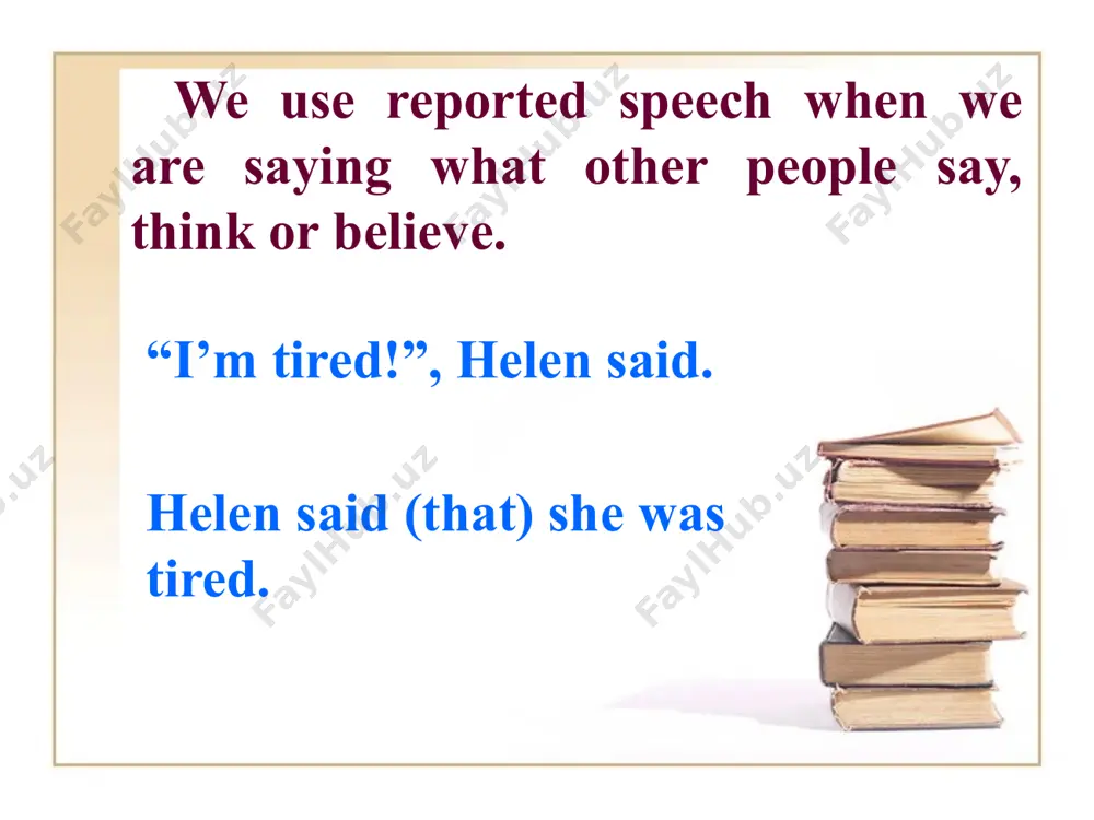 e or present perfect we don't change the tense. he thinks he loves her. i'll tell her you are coming. he has said he'll do it. reporting verb is in the present tense! when we are reporting things that are always true (laws of nature) we don't change the tense even when the reporting verb is in the past tense! he said that the water boils at 100 c. i told her you are always late! in other cases: if the verb in the main sentence is in the past tense - the other verbs are usually in one of the past tense too. direct speech indirect speech present simple present continuous present perfect past simple past continuous past perfect past simple past simple/perfect future will would + bare infinitive can shall must could should had to 2 verb tenses change direct speech indirect speech i. present tenses present simple …