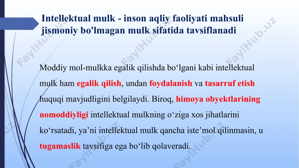 vishda, mumkin bo‘lgan har qanday shaklda (og‘zaki, yozma, boshqa shaklda, shu jumladan texnika vositalaridan foydalangan holda) ma’lum bo‘lib qolishiga olib keladigan harakat yoki harakatsizlik. tijorat siri rejimi — tijorat siridan foydalanishni cheklaydigan huquqiy, tashkiliy, texnik va boshqa chora-tadbirlar tizimi. 4. tovar belgisi tovar belgisining predmeti, umuman olganda, kompaniyaning nomi. savdo belgisi ishlab chiqaruvchi yoki sotuvchi tomonidan o'z tovarlarini identifikatsiyalash va ularni boshqalar tomonidan ishlab chiqarilgan tovarlardan farqlash uchun qabul qilingan har qanday so'z, nom, belgi yoki qurilma yoki ularning har qanday birikmasidir. ba'zi belgilar mahsulotlarni emas, balki xizmatlarni ifodaydi. tovar belgisiga egalik mulk egasiga ma'lum bir belgi yoki belgidan foydalanish huquqini va boshqalarni bir xil (yoki o'xshash) belgi yoki belgidan foydalanishni istisno qilish huquqini beradi. ushbu huquqlarning amal qilish muddati faqat belgi kompaniya yoki manfaatni ifodalashni to'xtatgan hollarda cheklangan. 5. oddiy g'oyalarni himoya qilish mualliflik huquqi, patent, tijorat siri va tovar belgisi rejimlaridan tashqari, shaxslarga shaxsiy mulk sifatida oddiy g'oyalarni …