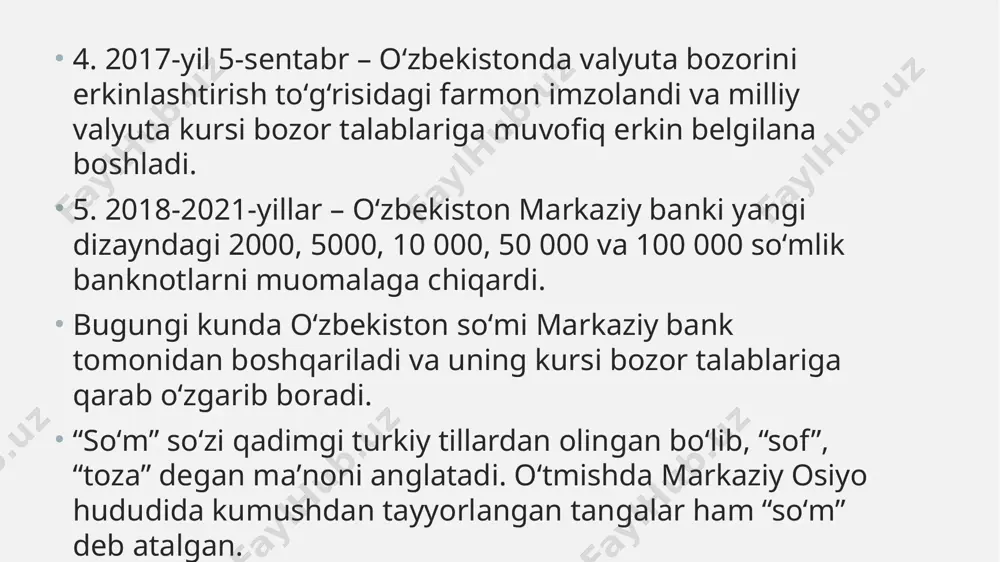 ari rivojlandi va “humo” hamda “uzcard” kartalari orqali toʻlovlar kengaytirildi. oʻzbek soʻmi va xalqaro maydonda tan olinishi oʻzbekiston soʻmi xorijiy valyutalar bilan markaziy bank tomonidan boshqariladi. ayrim xalqaro valyuta birjalarida soʻm kursi mavjud, lekin u hali keng konvertatsiya qilinmaydi. oʻzbekiston xorijiy investorlar uchun sharoit yaratmoqda va kelajakda soʻmni xalqaro bozorlarda erkin aylanishga chiqarish rejalashtirilgan. valyutaning davlat iqtisodiyotidagi roli valyuta har qanday mamlakat iqtisodiyotining asosiy elementi hisoblanadi. oʻzbekiston soʻmi ham: ichki bozordagi asosiy hisob-kitob vositasi – mahsulotlar va xizmatlar uchun toʻlovlar milliy valyutada amalga oshiriladi. pul-kredit siyosatining vositasi – markaziy bank soʻm kursini va inflyatsiyani nazorat qilish orqali iqtisodiy barqarorlikni taʼminlashga harakat qiladi. investitsiya va savdo instrumenti – soʻm kursining barqarorligi xorijiy investorlar va tadbirkorlar uchun muhim hisoblanadi. oʻzbekiston soʻmining barqarorligini taʼminlash soʻm kursining oʻzgarishi tovar narxlariga, inflyatsiya darajasiga va aholi xarid qobiliyatiga taʼsir qiladi. barqaror iqtisodiyot uchun: markaziy bank valyuta kursini nazorat qiladi. oʻzbekiston hukumati import va eksport balansini muvozanatlashtirishga …