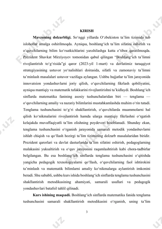 pedagogik texnologiyalar va didaktik vositalarni tahlil qilish. kurs ishining predmeti. boshlang‘ich sinflarda matematika fanida tenglama tushunchasini shakllantirish jarayonida qo‘llaniladigan metodik yondashuvlar va usullar. kurs ishining obyekti. boshlang‘ich sinf o‘quvchilarining matematika fanida tenglama tushunchasini o‘zlashtirish jarayoni. kurs ishining tuzilishi: kirish, 2 ta bob, umumiy xulosa va foydalanilgan adabiyotlar ro‘yxatidan iborat. i-bob. boshlang‘ich sinflarda tenglama tushunchasini shakllantirishning nazariy asoslari 1.1. tenglama tushunchasining pedagogik mohiyati boshlang‘ich sinflarda tenglama tushunchasini shakllantirish matematika o‘qitishning asosiy vazifalaridan biridir. tenglama — bu noma’lum sonni topish uchun tuzilgan matematik ifoda bo‘lib, uning o‘qilishi, yozilishi va yechilishi boshlang‘ich sinf o‘quvchilari uchun muhim pedagogik vazifadir. tenglama tushunchasini shakllantirishda o‘quvchilarning matematik tafakkurini rivojlantirish, mantiqiy fikrlashni shakllantirish va amaliy ko‘nikmalarni egallashga erishish maqsad qilinadi. tenglama tushunchasini o‘quvchilarga tushuntirishda eng avvalo, ularning kundalik hayotida yuz beradigan oddiy misollar orqali mavzuni qiziqarli va tushunarli qilish muhimdir. masalan, har bir bola o‘z atrofidagi narsalar sonini bilishga harakat qiladi. unga misol tariqasida, bir kishi 5 ta …