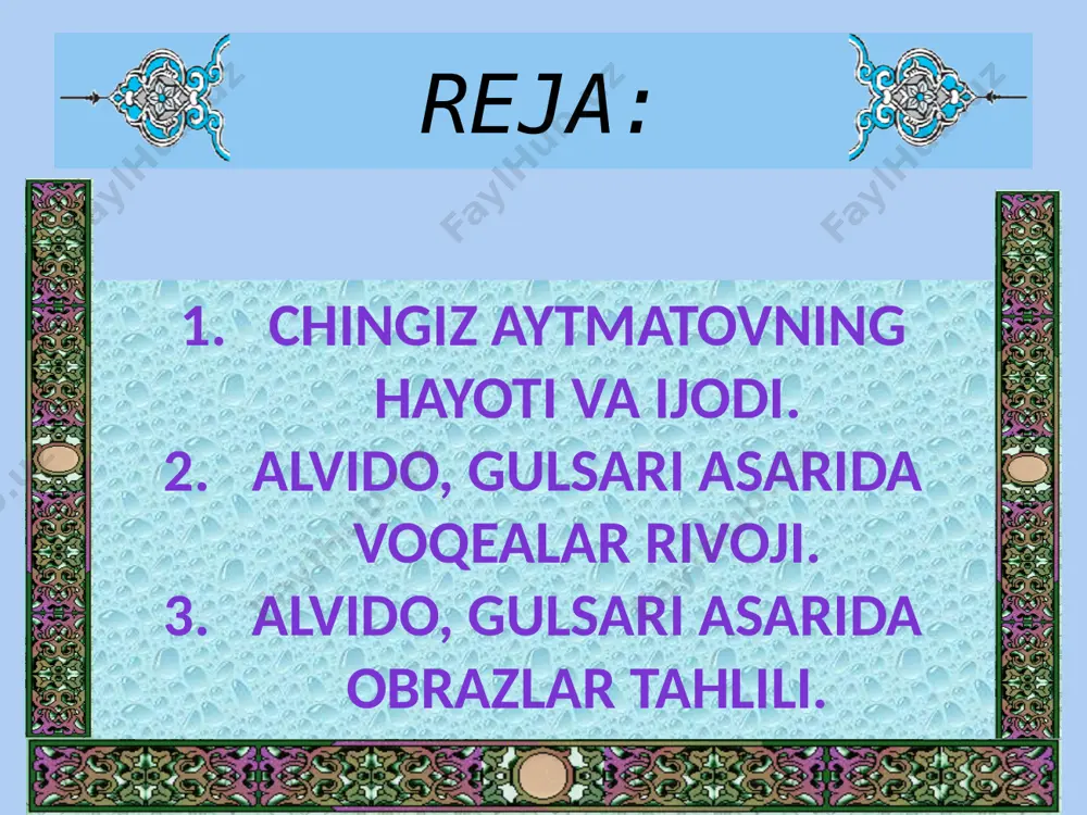 ldirdim, o’g’lim qoragul, holimga yig’lar kim, o’g’lim qoragul, taqdir jazoladi,o’g’lim qoragul. qismat o’ch oldi, o’g’lim qoragul, ovchilik kasbiga, o’g’lim qoragul, oh, nega o’rgatdim,o’g’lim qoragul? qush hayvonni qiyratding,o’g’lim qoragul, jonivorlarni otding,o’g’lim qoragul, har bir tirik mavjudot, o’g’lim qoragul, dastingdan o’lsa nahot,o’g’lim qoragul. yolg’iz qoldim olamda, o’g’lim qoragul, hech bir inson shu damda, o’g’lim qoragul, yig’imga solmas quloq, o’g’lim qoragul, men seni o’ldirdim, o’g’lim qoragul, joningga qasd qildi qo’lim, qoragul... bu kuyni tanaboyga xotini jaydar chalib beradi. mustahkamlash uchun savollar. asarda jo’ra sayoqov tanaboyga qanday vasiyat qoldiradi? asarning bosh obrazlari kimlar? otga nima uchun gulsari deb ism qoyiladi? asardagi epizotik obrazlarni sanang? tanaboy qaysi voqeadan keyin o’lishni xoxlaydi? asar oxirida tanaboyning vasiyati nima edi? gulsari qayerda vafot etadi? asar qachon yozilgan? chingiz aytmatovning romanlarini sanang? alvido,gulsari qaysi janrda yozilgan? uyga vazifa. ‘’men yoqtirgan qahramon’’ mavzusuda insho yozib kelish. etiboringiz uchun tashakkur!!! image1.jpeg image2.jpeg image3.png image4.gif image5.gif image6.jpeg image7.gif image8.jpeg image9.jpeg image10.jpeg image11.jpeg …