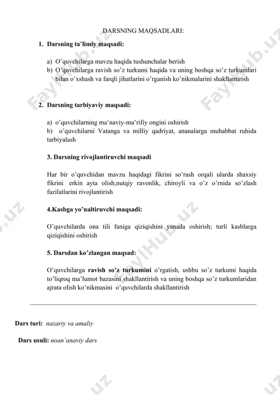 oqar metodidan foydalanamiz: (bunda o’quvchilar kungaboqar barglariga ravishga oid so’zlarni yozadilar) o’tilgan mavzuni takrorlash uchun ‘’zanjir’’ metodini qo’llaymiz: (ushbu metod orqali har bir o’quvchi bilan alohida shug’ullanish va har bir o’quvchini o’tgan mavzuni qanchalik o’zlashtirganligini bilib olishimiz mumkin bo’ladi; bu o’yin metodida har bir o’quvchi o’tirgan joyida navbat bilan ravish so’z turkumiga oid so’zlardan bittadan aytadi. qaysidir o’quvchi ayta olmay qolsa, ‘’zanjir’’ uzulgan deb topiladi.) 1-o’quvchi: ko’p 2-o’quvchi: sekin 3-o’quvchi: to’la 4- o’quvchi: oz, va hokazo ii. yangi mavzu bayoni 1.yangi mavzu bayoni slaydlar yordamida tushuntiriladi 2. yangi mavzu turli metodlar yordamida mustahkamlanadi ravishlarning ma’no guruhlari quyidagilar: topshiriq. berilgan so’zlarni ravishlarning ma’no guruhlariga moslab jadvalga joylashtiring. ularga so’roq berib ko’ring. endi, olg‘a, hamon, picha, ko‘p, ichkarida, kam, yonma-yon, zo‘rg‘a, birma-bir, yayov, doimo, yakkama-yakka, tasodifan, ancha, astoydil, hozircha, to‘satdan, jo‘rttaga, xiyol, piyoda, so‘ngra, bafurja, oz, dastlab, noiloj, jim, tashqarida, qasddan, sal, ataylab, avval, kecha-kunduz holat payt o'rin miqdor-daraja maqsad- sabab yonma-yon …