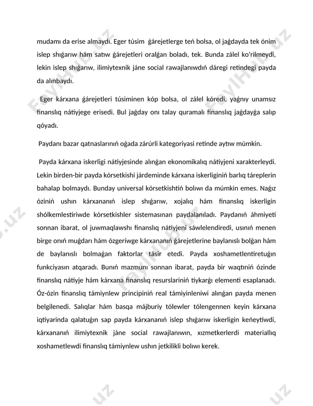 tártibi ministrler mákemesiniń 1999 jıl 5 fevral daǵı 54 - sanlı sheshimi menen «ónim (jumıslar, xızmetler) ni islep shıǵarıw hám satıw ǵárejetleriniń quramı hám de finanslıq nátiyjelerdi qáliplestiriw tártibi tuwrısında»gi qaǵıyda tiykarında alıp barıladı. bul qaǵıydanıń áhmiyeti úlken bolıp, ol salıqqa ólshewli payda menen buxgalteriya schyotinda (balans payda ) payda bolatuǵın payda parqın anıqlaw múmkinshiligin beredi. ǵárejetler quramı tuwrısındaǵı qaǵıyda bir tárepden, xojalıq sub'ektlerine esabat dáwiri ishinde bolıp tabıladı bolǵan ǵárejetler hám dáramatlar tuwrısındaǵı anıq maǵlıwmatlardı alıw múmkinshiligin berse, ekinshi tárepden, salıq nızamlarına qaray salıq shólkemlerine esabatlardı dùzip, tapsırıw múmkinshiligin beredi. xojalıq sub'ekti balans paydasın anıqlaw ushın satıwdan túsken túsimnen alıp taslanatuǵın ǵárejetler dizimi bul qaǵıydanıń tiykarǵı tekstinde keltirilgen. endigiden xojalıq sub'ekti buxgalteriya esabı schyotlarinda kórsetilgen paydanı salıq nızamshılıǵına qaray dúzetilib salıqqa ólshewli paydanı anıqlaydı. buxgalteriya esabı schyotlarindagi paydanı salıq nızamshiligina qaray dúziwge mısal etip normadan artıq ǵárejetlengen sapar ǵárejetleri, reklama ǵárejetleri hám basqalardı keltiriw múmkin. sonday eken, salıqqa ólshewli …